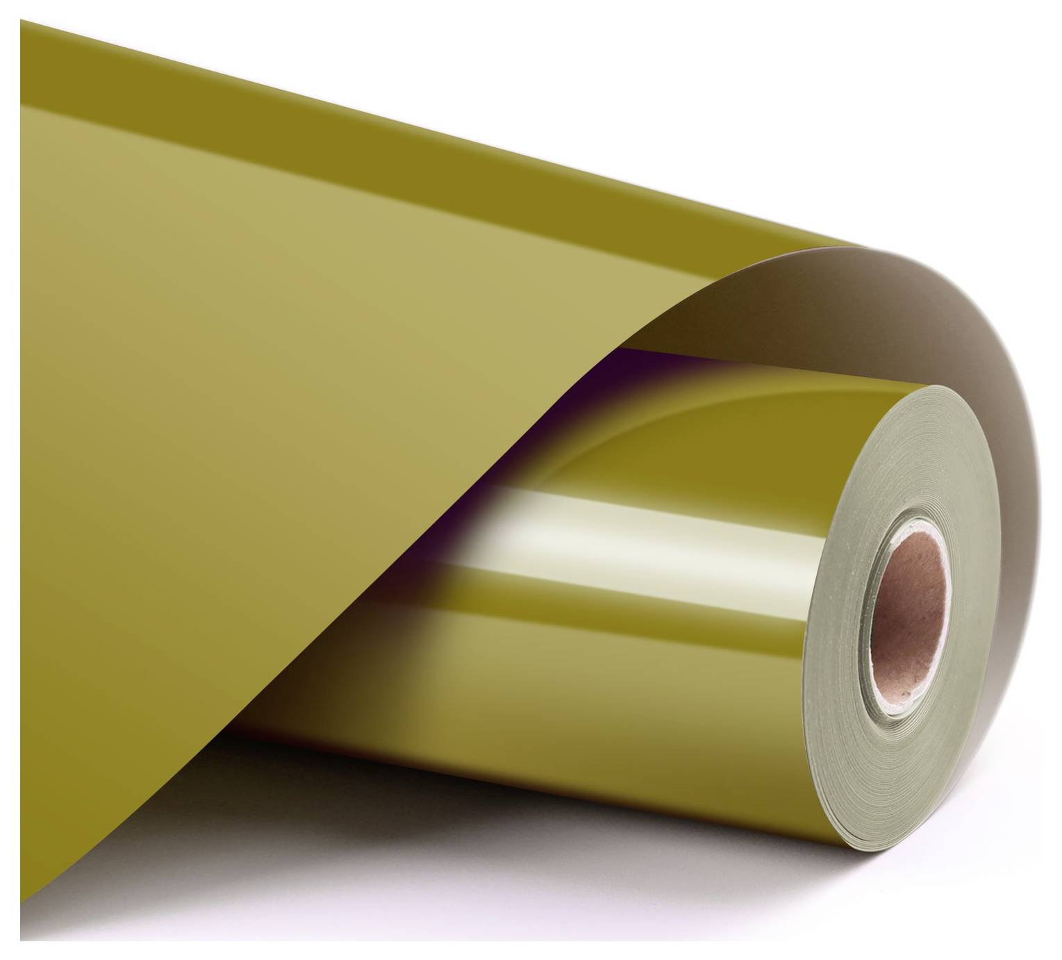 Eine Rolle glänzende, senfgelbe Vinylfolie, teilweise abgerollt, zeigt die glänzende, reflektierende Oberfläche und die zylindrische Form.