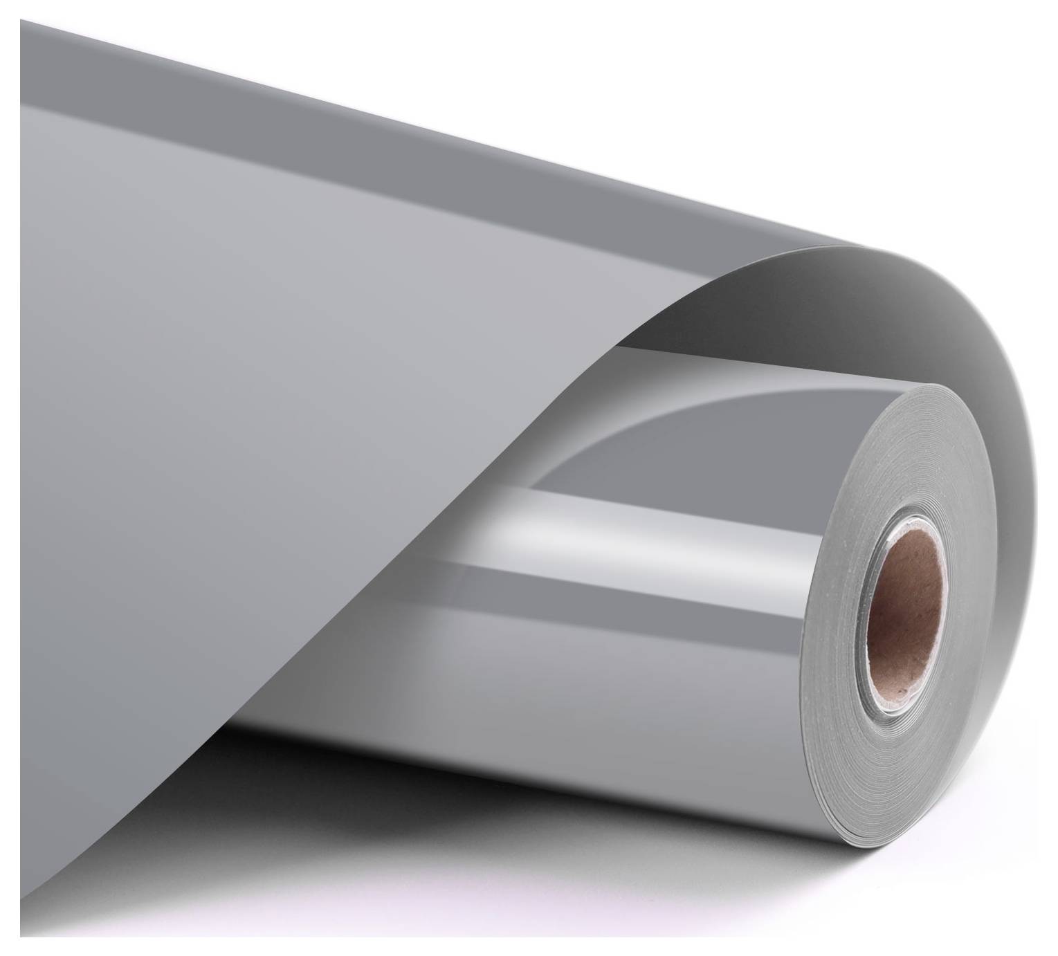 Eine große Rolle reflektierender Vinyl-Folie, teilweise abgerollt, die eine glatte graue Oberfläche für Druck- oder Verpackungsanwendungen zeigt.