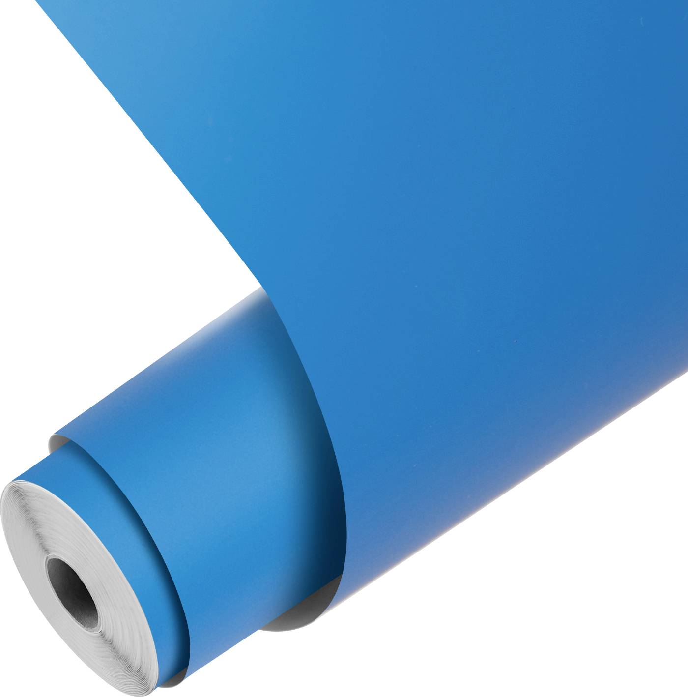 Eine teilweise abgerollte Rolle aus blauer Vinylfolie auf weißem Hintergrund, wobei der zylindrische Kern und die glatte Textur des Materials sichtbar sind.