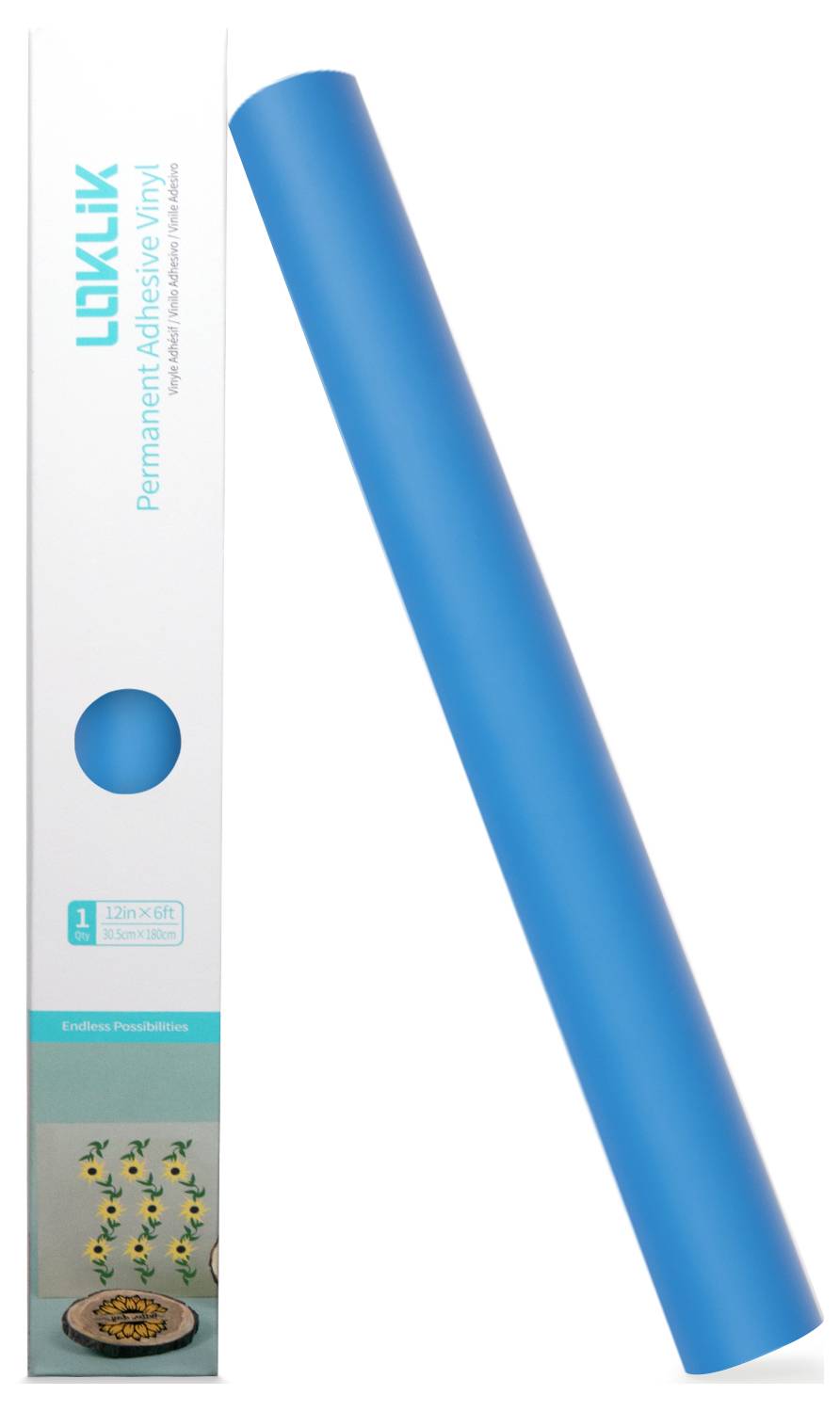 Eine Rolle aus hellem blauen Permanent-Klebebelag neben ihrer Verpackung, beschriftet mit 