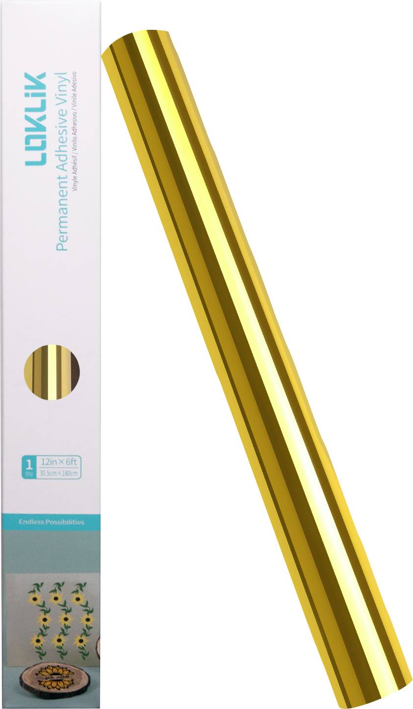 Eine goldene Rolle aus permanentem Klebeband neben ihrer Verpackungsschachtel. Die Schachtel zeigt die Marke „LACKLUX