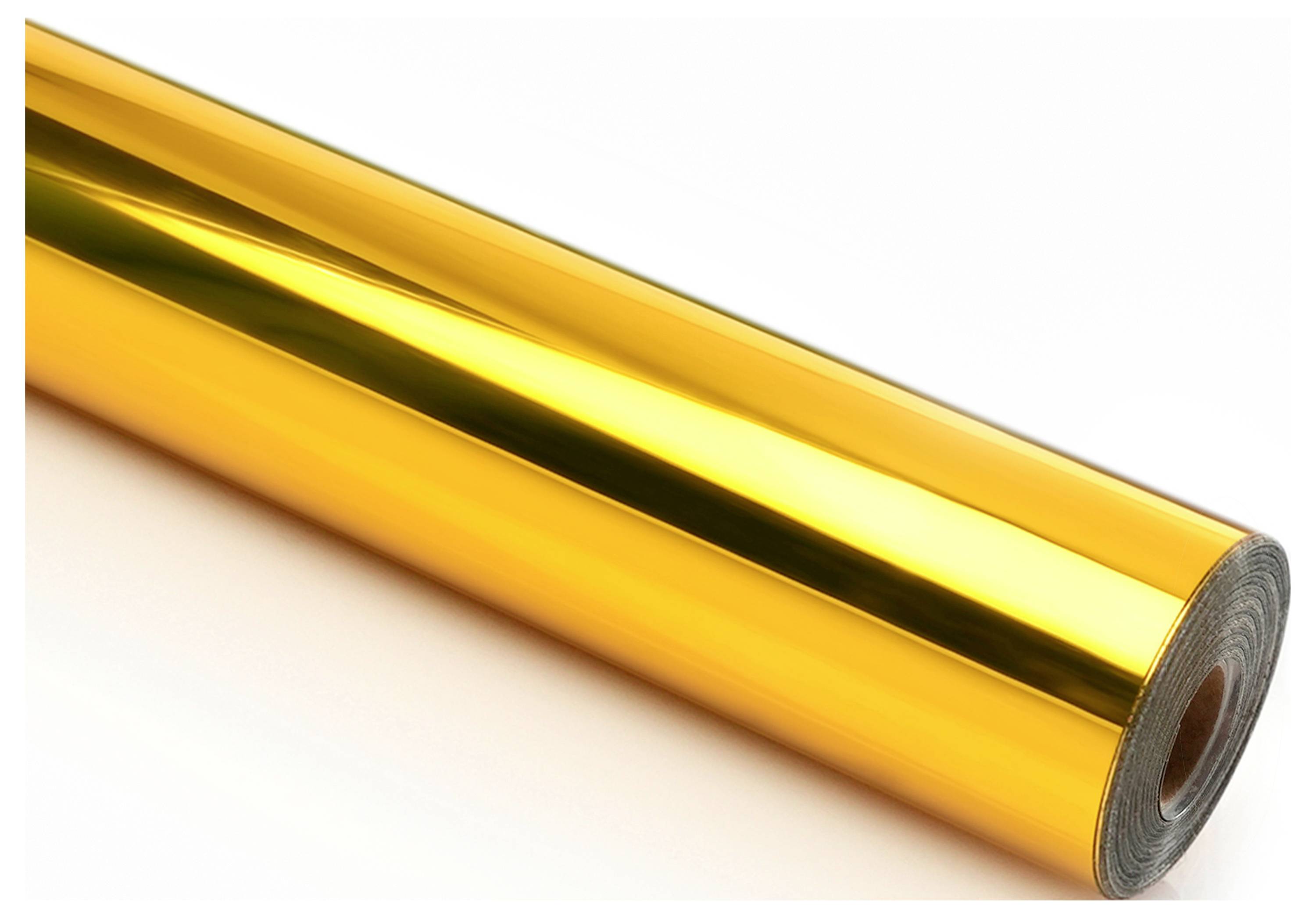 Eine Rolle aus glänzendem, reflektierendem goldenen Vinyl-Material, diagonal über das Bild verteilt, was ihre glänzende, glatte Oberfläche hervorhebt.
