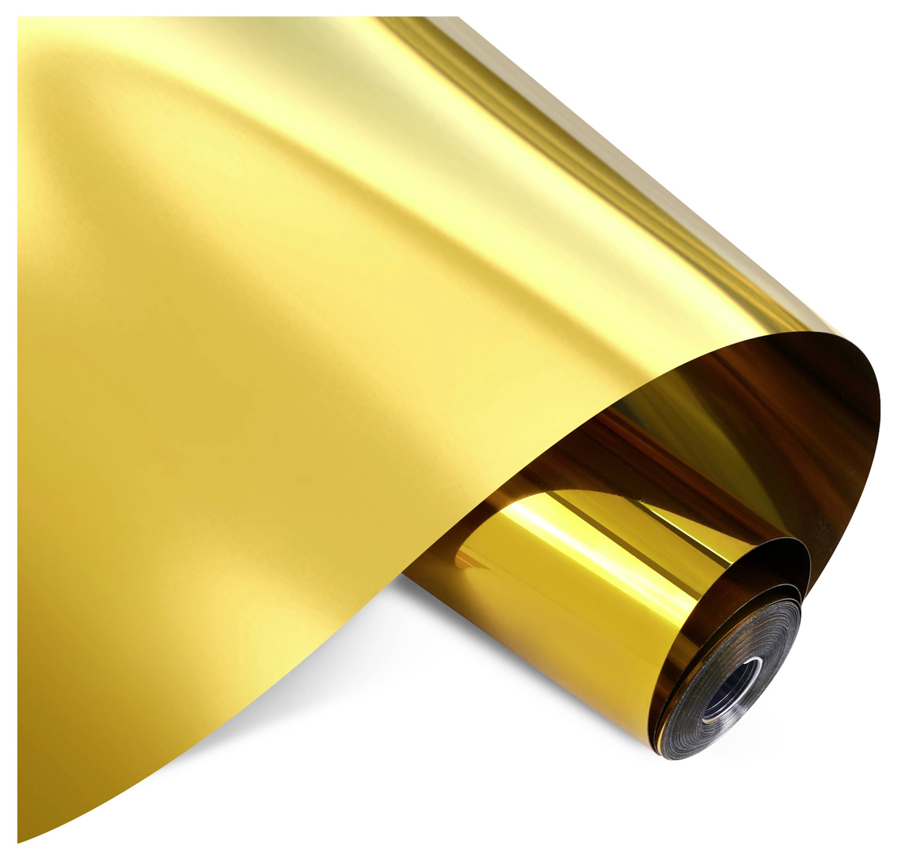 Eine Rolle aus glänzender, reflektierender goldener Folie mit glatter Oberfläche, teilweise gegen einen weißen Hintergrund abgerollt.
