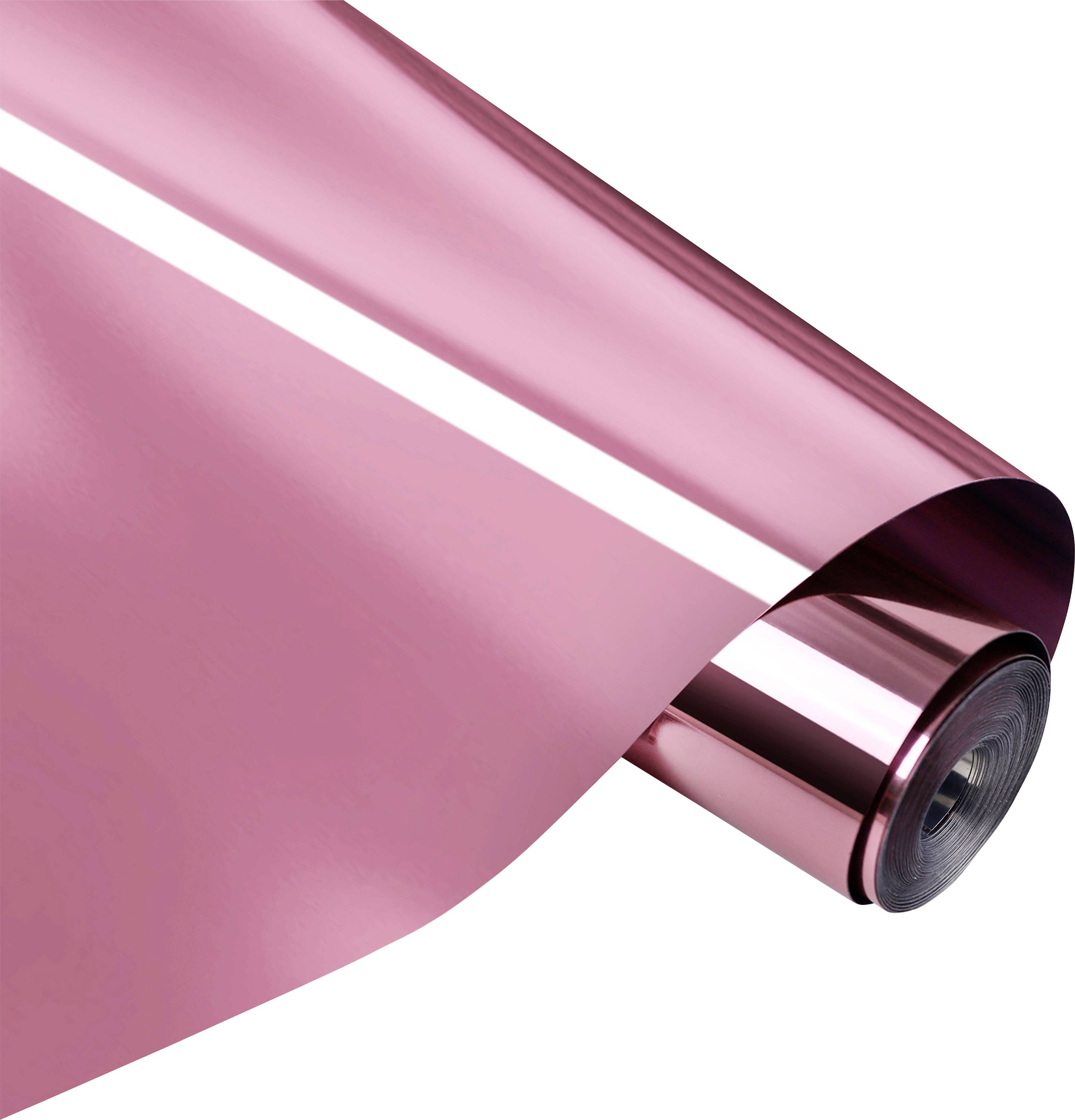 Eine Rolle aus glänzendem rosa metallischem Folie reflektiert Licht, wobei die Folie teilweise abgerollt ist.
