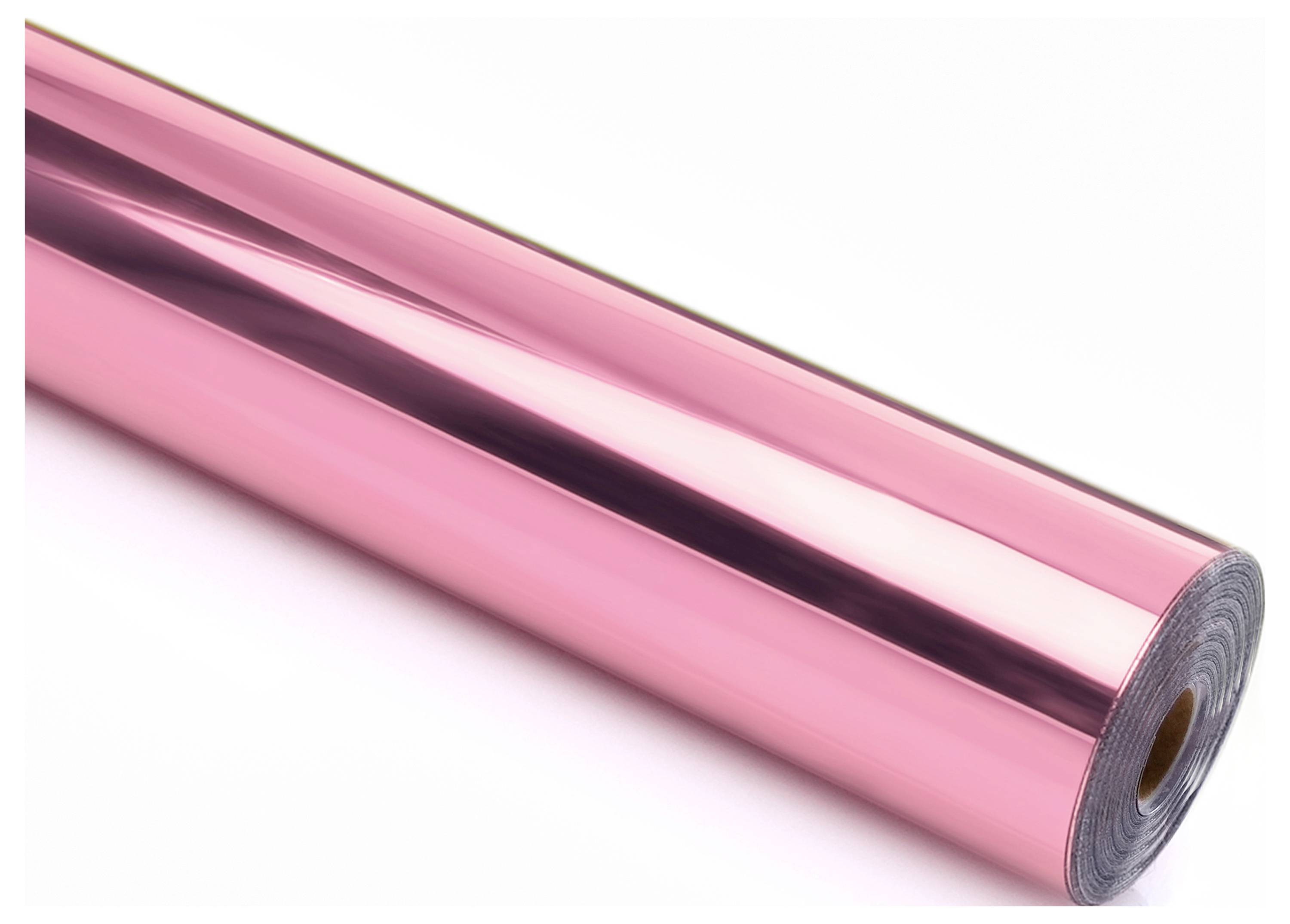 Eine Rolle glänzendes rosa Metallic-Vinyl mit reflektierender Oberfläche, verwendet für dekorative oder Handwerkszwecke.