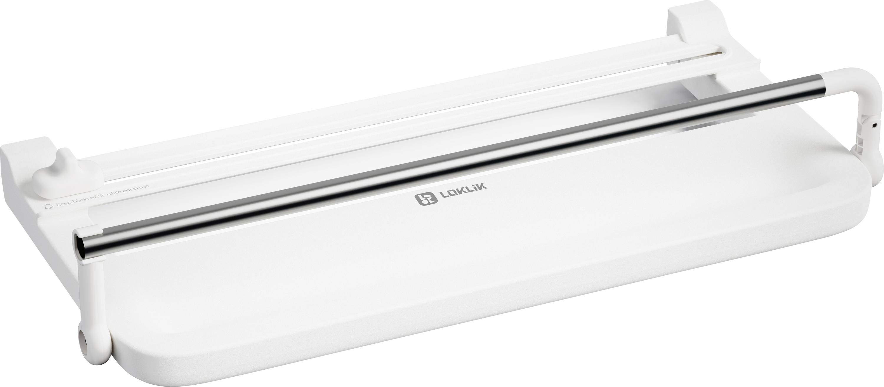 Ein Papierschneider aus weißem Kunststoff mit einer dünnen Metallklinge und einem Kunststoffsockel, der zum präzisen Schneiden von Papierblättern verwendet wird.