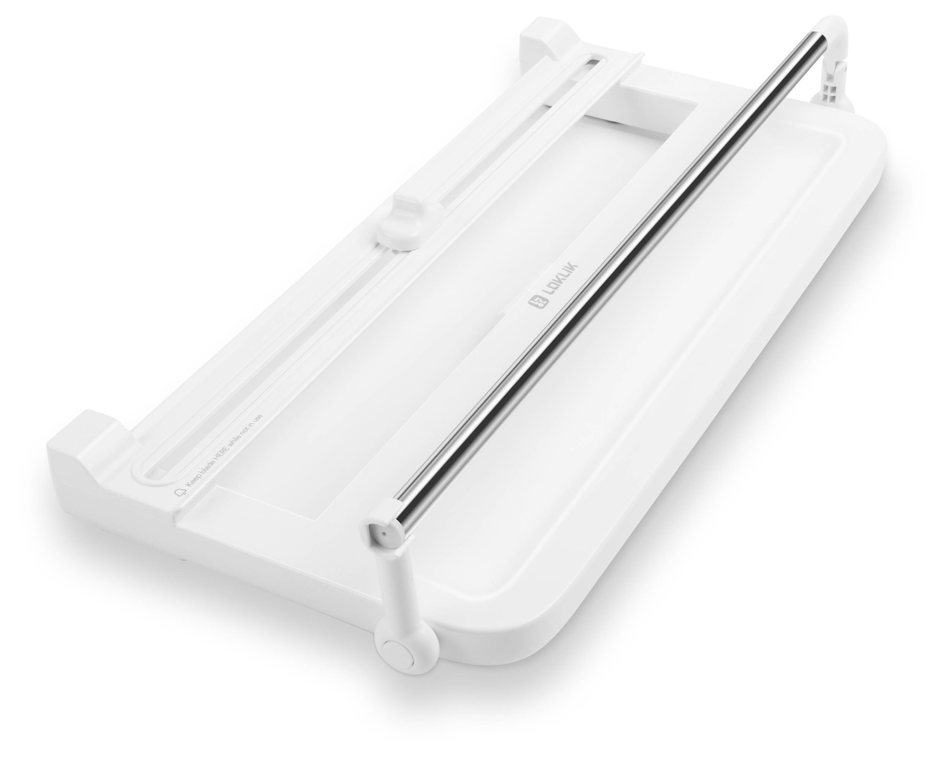 Ein weißer, verstellbarer Dokumentenhalter mit Metallstange und Schiebeklammer zum Sichern von Papieren. Konstruiert, um Dokumente aufrecht zu halten, damit sie leicht lesbar sind.