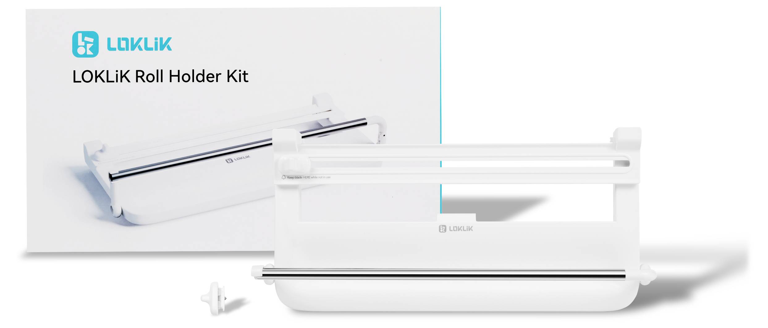 'LOKLiK Roll Holder Kit' in Verpackungsform und montierter Form dargestellt, mit einem weißen Rollenhalter mit schlankem, minimalistischem Design.