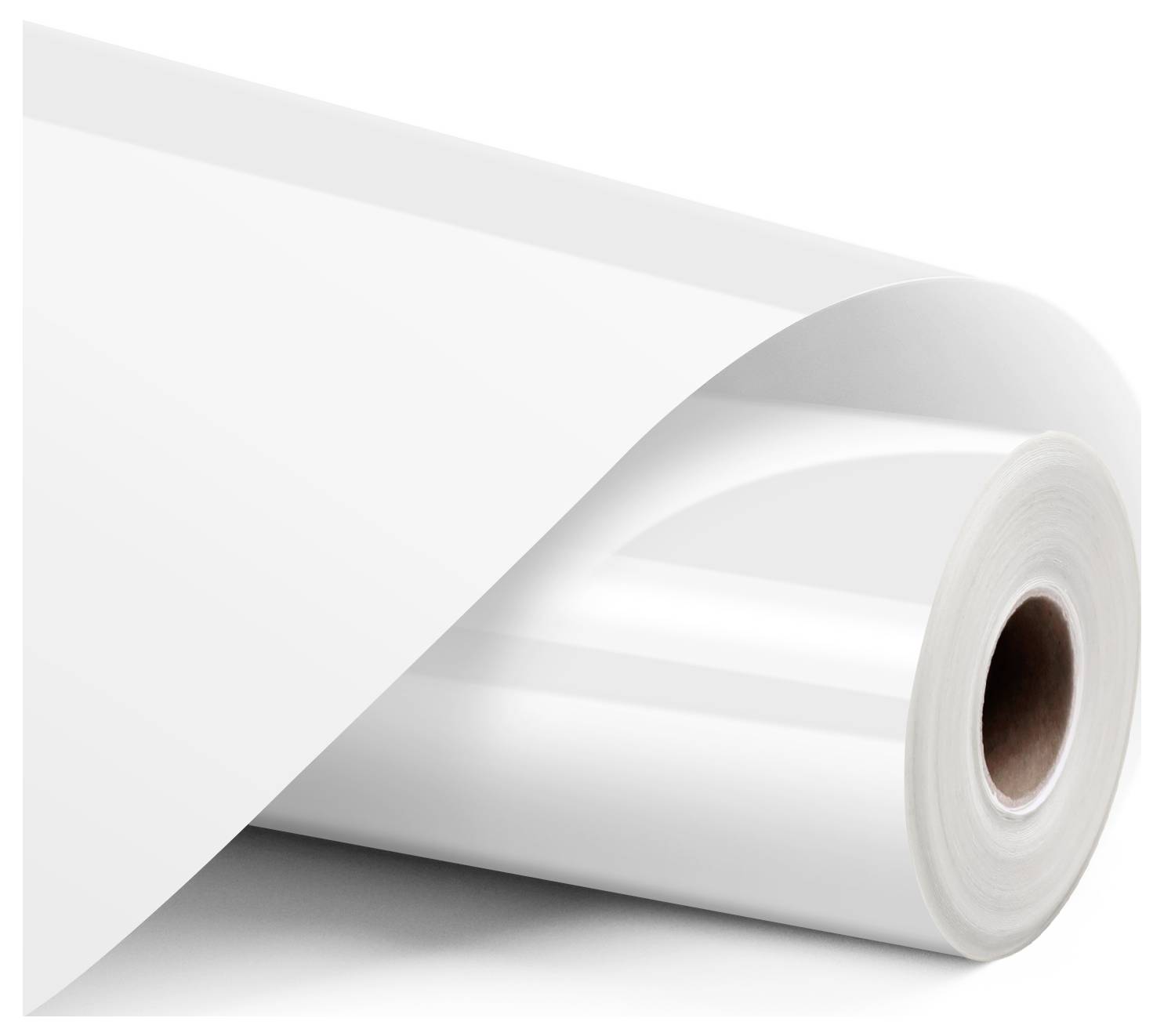 Ein aufgerolltes Blatt glänzend weißes Papier auf einer Rolle, das die Textur und den Glanz des Materials zeigt.