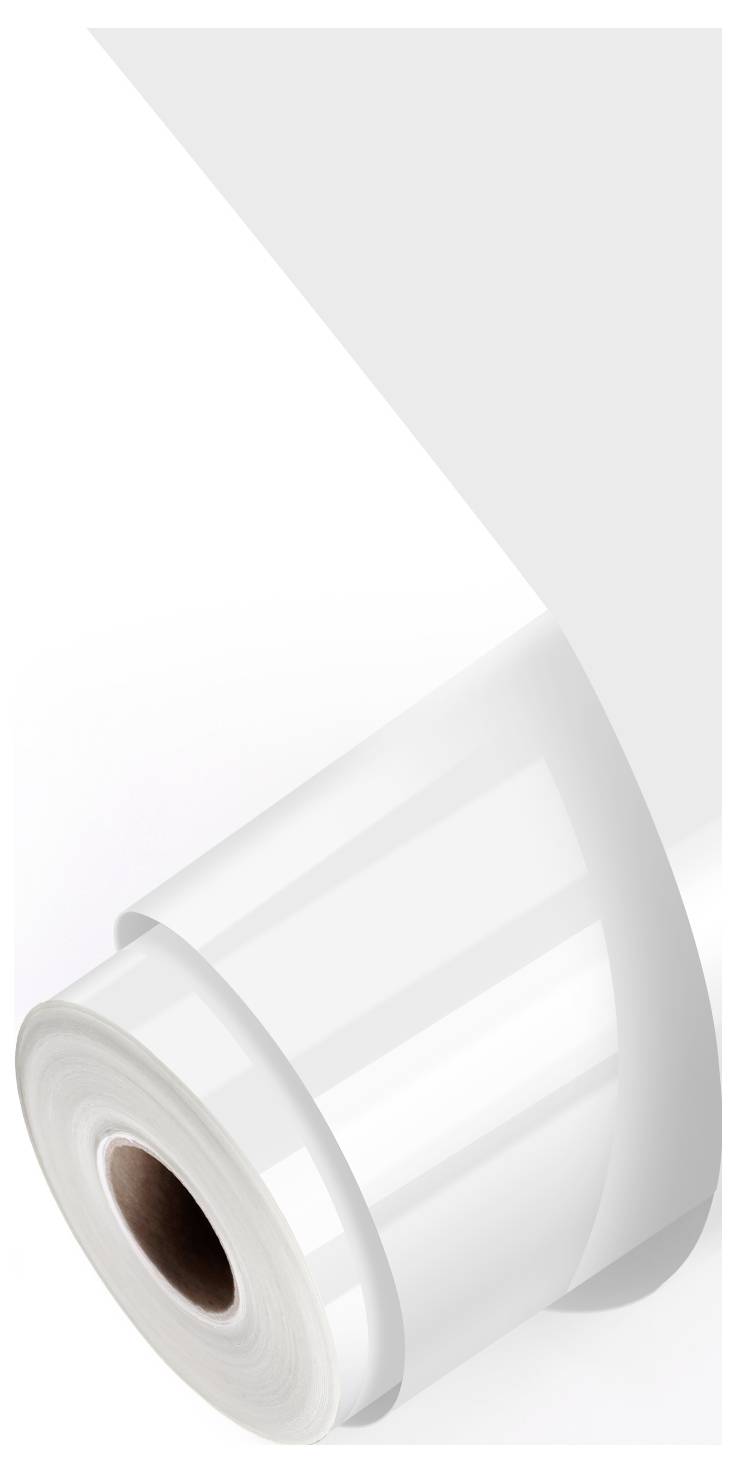 Eine weiße Klebeband-Rolle, die teilweise abgewickelt ist, mit einer glänzenden, reflektierenden Oberfläche auf einfachem Hintergrund.