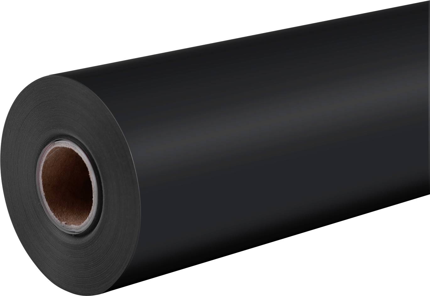 Eine große Rolle schwarzes Vinyl mit einem sichtbaren braunen Kern, vor einem weißen Hintergrund dargestellt.