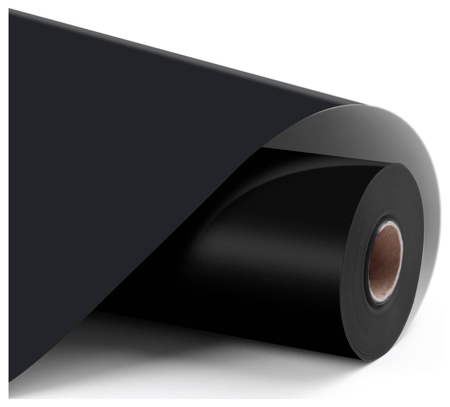 Eine Rolle schwarzer Vinyl-Folie mit einer glatten, glänzenden Oberfläche, teilweise abgerollt, um ihre Dicke und Textur zu zeigen.