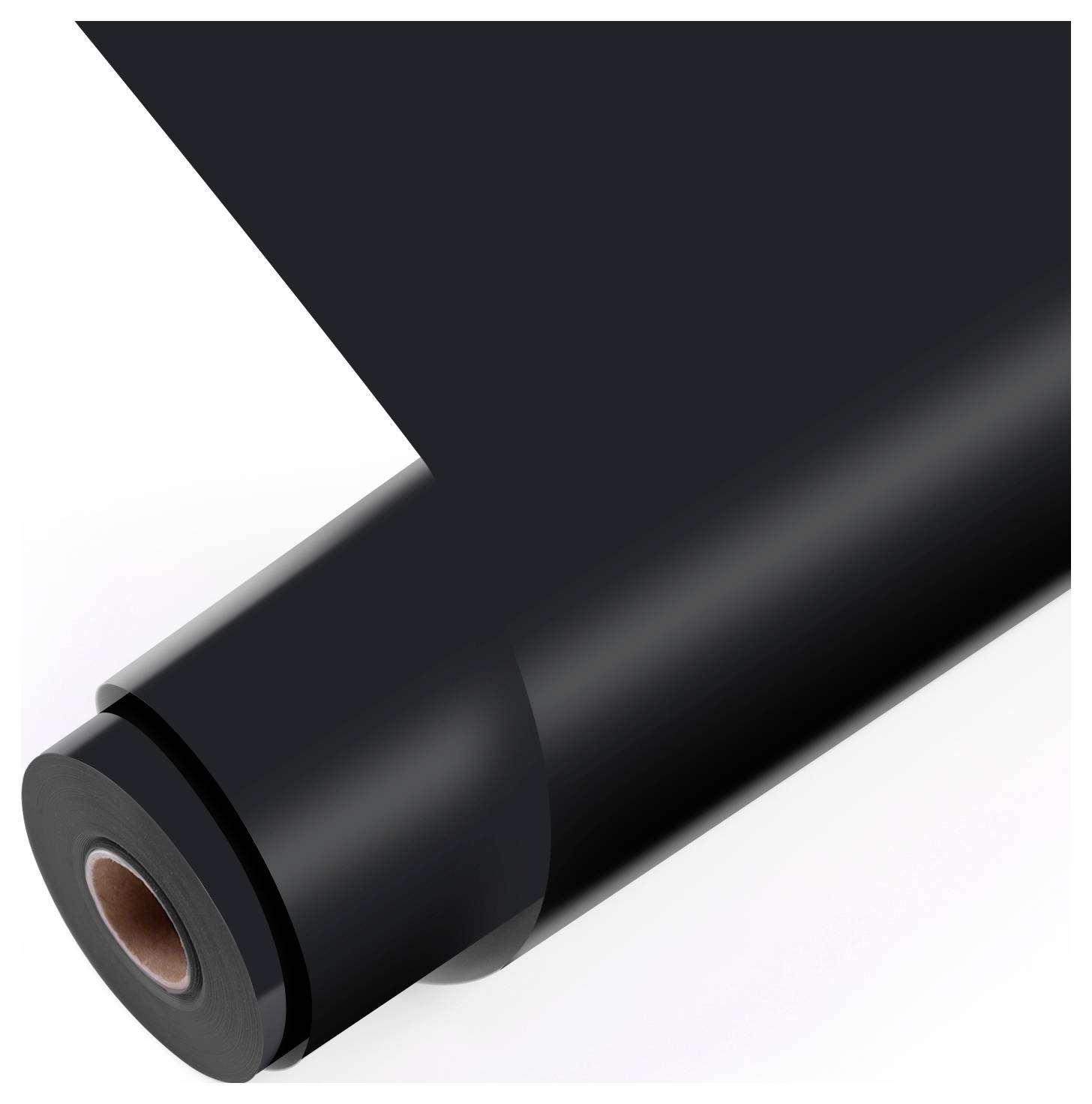 Eine Rolle schwarzes Vinyliermaterial wird leicht abgerollt und zeigt eine glatte Oberfläche. Der Rollenkern ist in der Mitte sichtbar.
