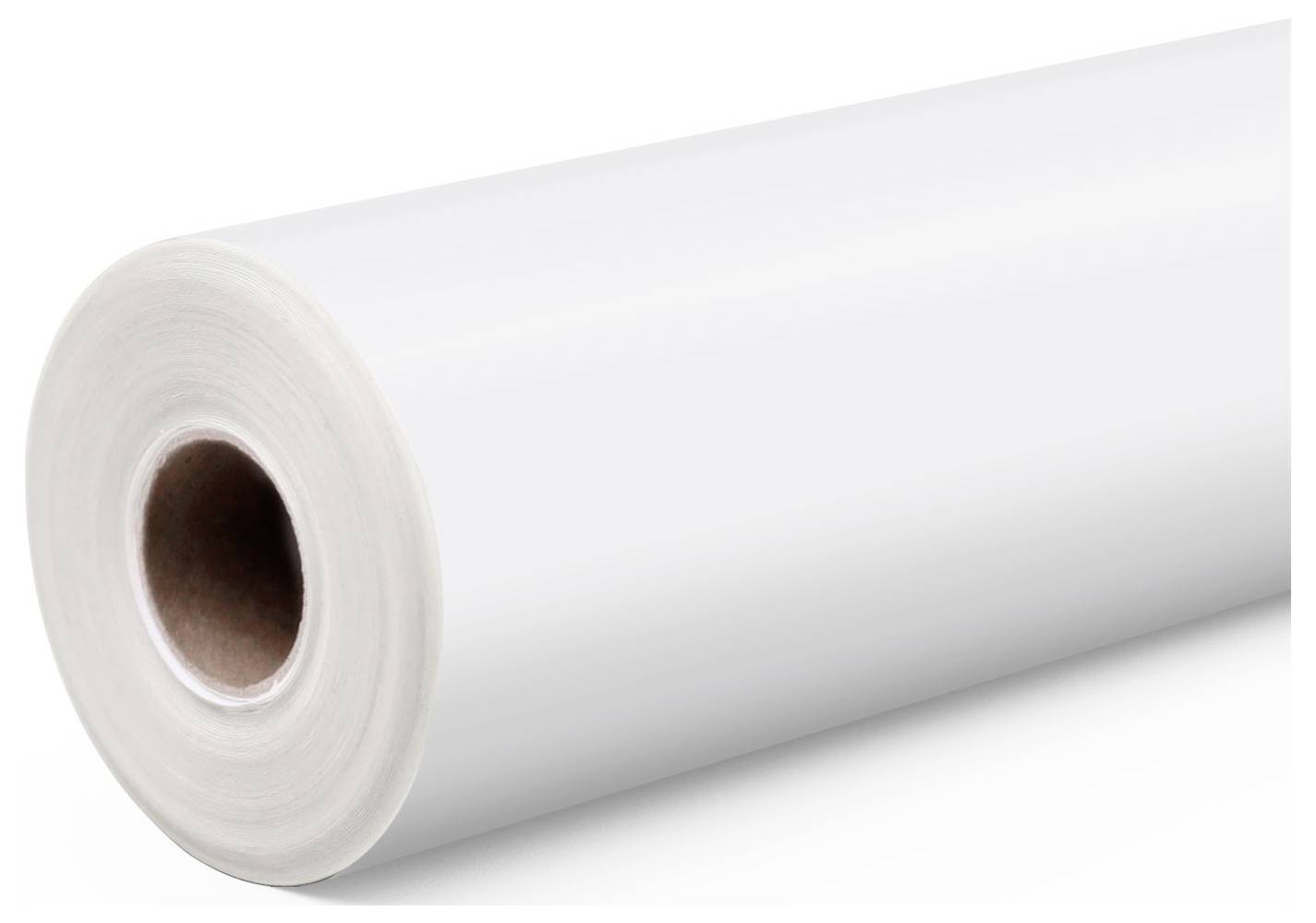 Eine Rolle weißes Papier mit einem braunen Papierkern, horizontal positioniert, vor einem schlichten weißen Hintergrund.