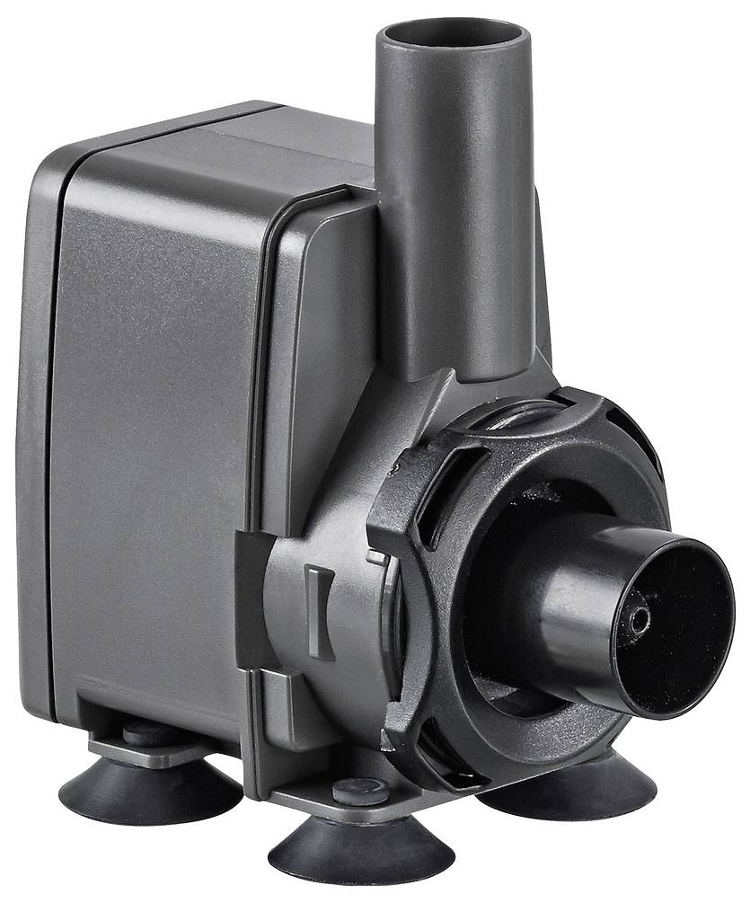 Eine kleine schwarze Wasserpumpe mit zylindrischem Auslass und rechteckigem Gehäuse, gestützt durch Saugnapfe auf ihrer Basis, vor weißem Hintergrund.