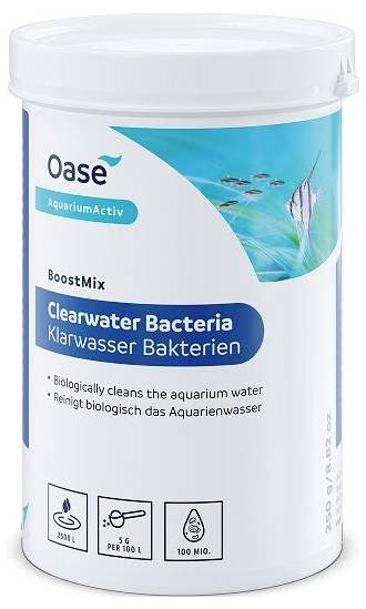 Container of Oase BoostMix Clearwater Bacteria with instructions in German, used to biologically clean aquarium water.