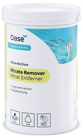 'Oase Nitrate Remover' container for aquariums, promoting long-term action, with icons indicating suitability for 100 liters and 120g content.