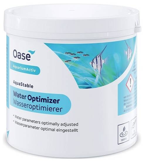 'Oase AquaStable Water Optimizer' container, 1000ml, featuring a blue water-themed design with a fish graphic. Text in English and German.