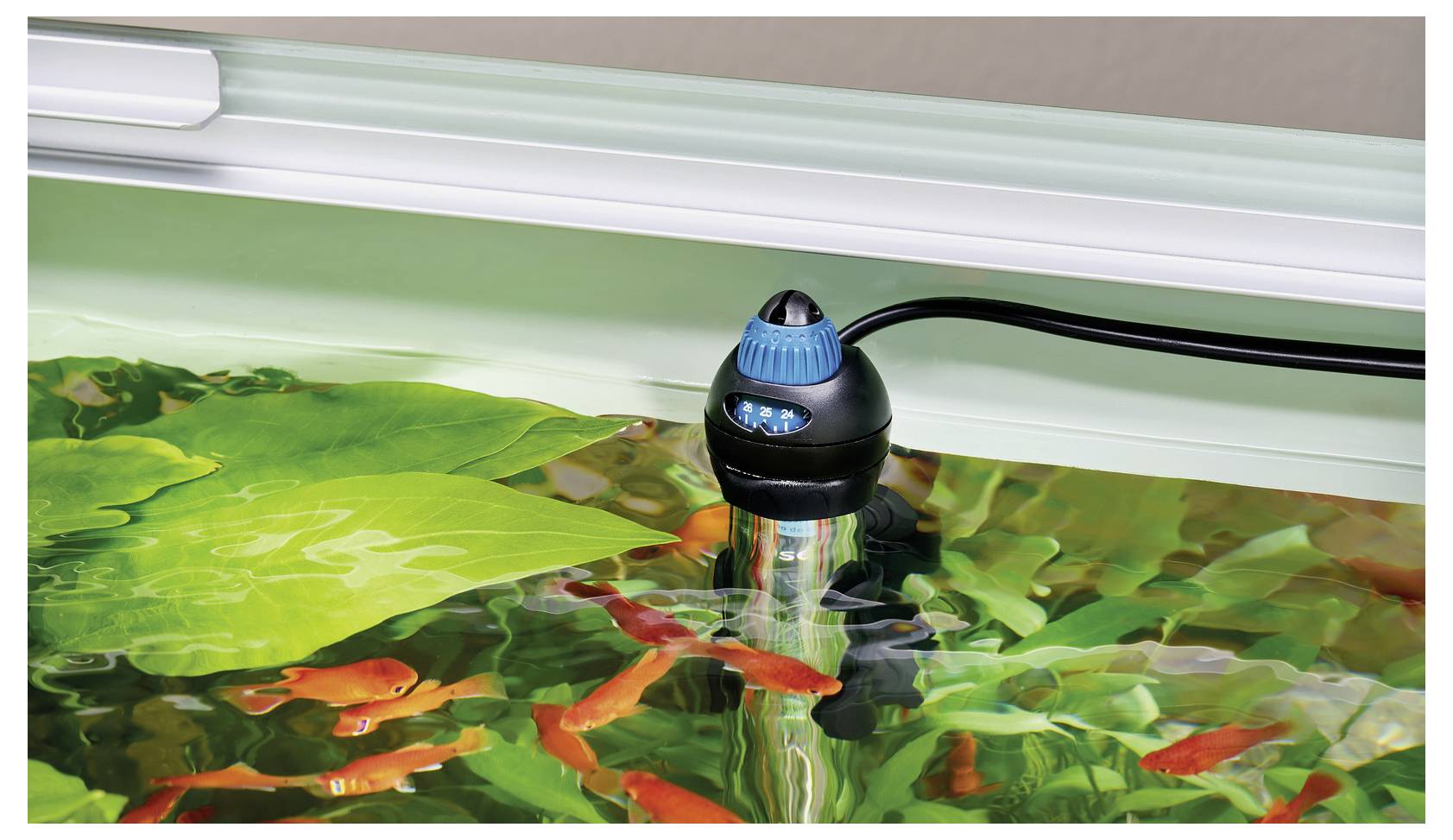Aquarium mit lebhaften grünen Pflanzen und orangefarbenen Fischen; ein schwarzes Wasserfiltgerät ist untergetaucht und filtert das Wasser.