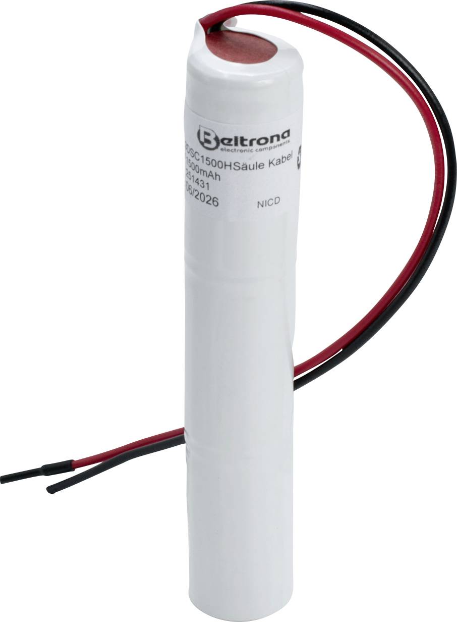 Elektrozylinder-Batterie mit roten und schwarzen Drähten, mit Beltrona-Etikett gekennzeichnet, das NiCd und die Modellnummer angibt.