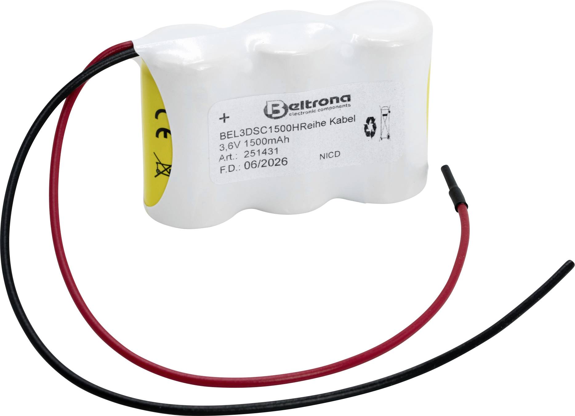 Ein weißes Batteriepaket mit Markenlogo, Modellnummer „Beltorna BE-L250C5T50HnHelve Kabel