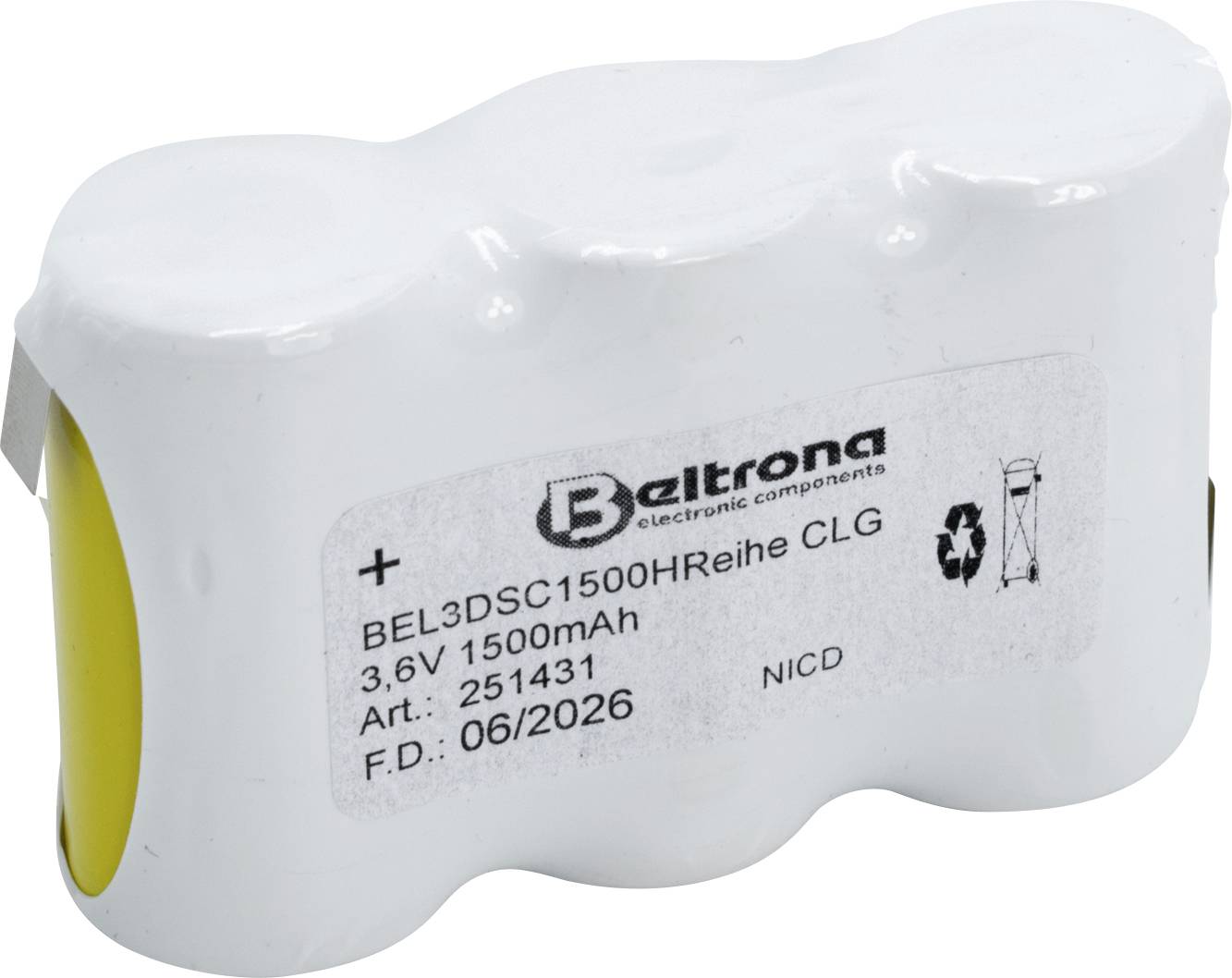 Ein weiß-gelbes Batteriepaket mit der Aufschrift „Beltrona Elektronische Komponenten, 3,6V 1500mAh, Art. 251431, F.D. 06/2026, NiCd.
