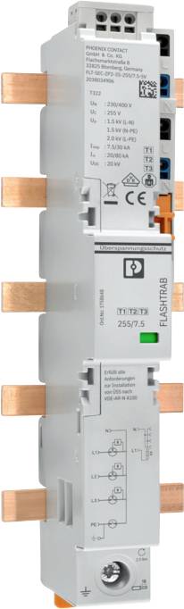 Ein Überspannungsschutzgerät für einphasigen Strom mit mehreren Kupferverbindungspunkten und beschrifteten Komponenten auf hellem Hintergrund.