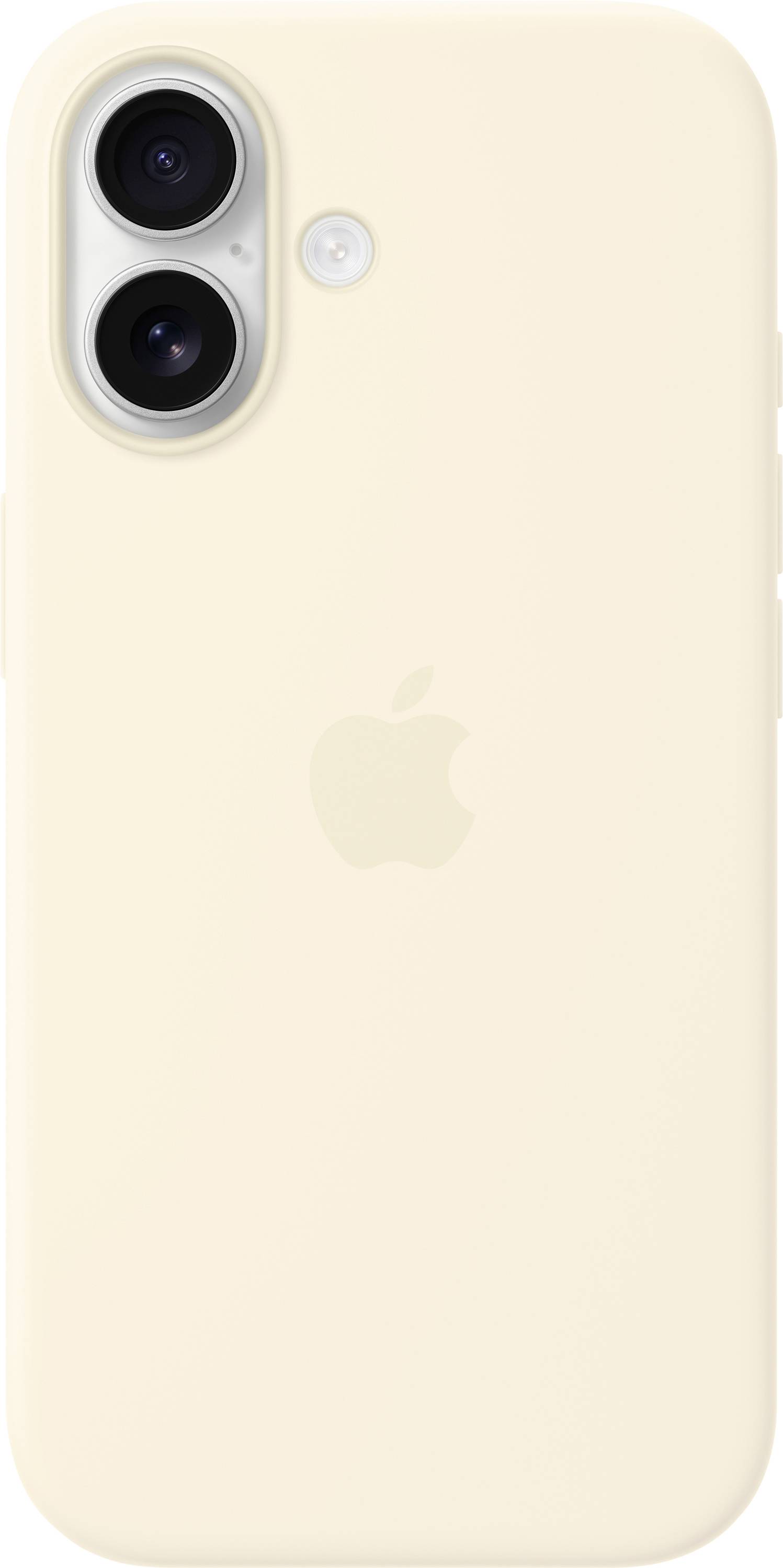 Eine beige Smartphone-Hülle mit dualen Kameraaussparungen und einem geprägten Apple-Logo in der Mitte.