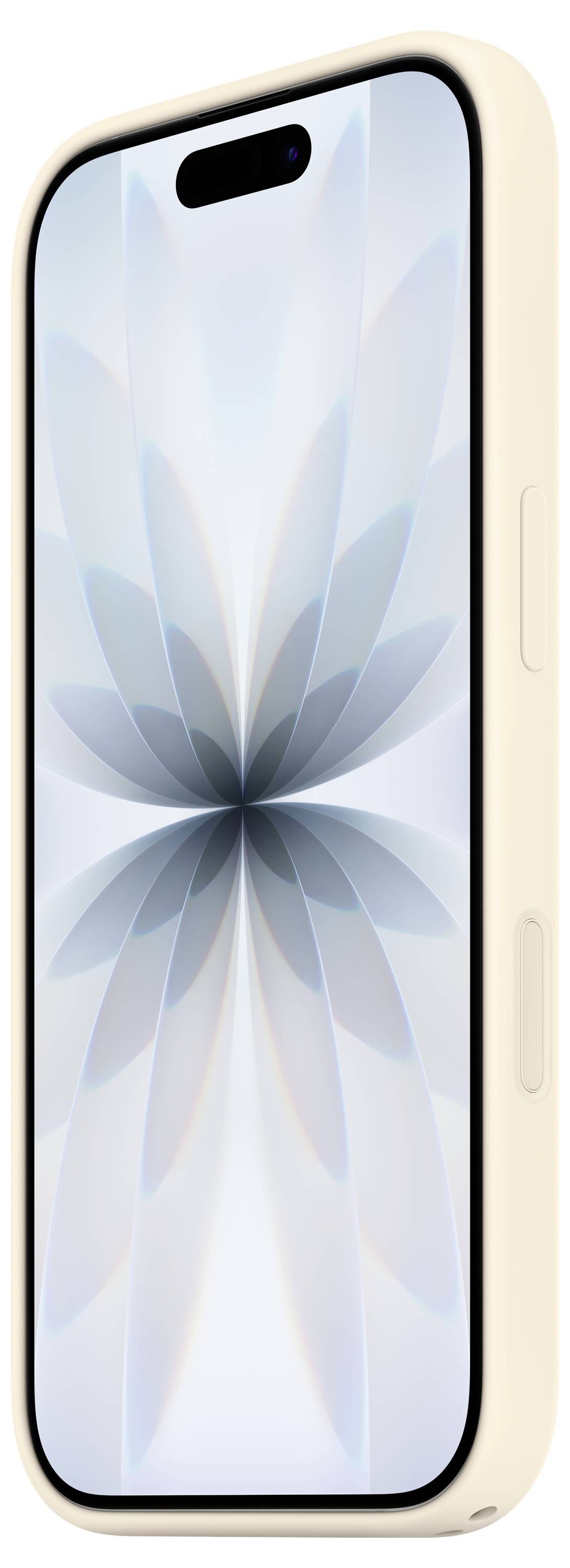 Ein beigefarbenes Smartphone mit einem blumenähnlichen geometrischen Muster auf dem Bildschirm, in einem Winkel dargestellt.