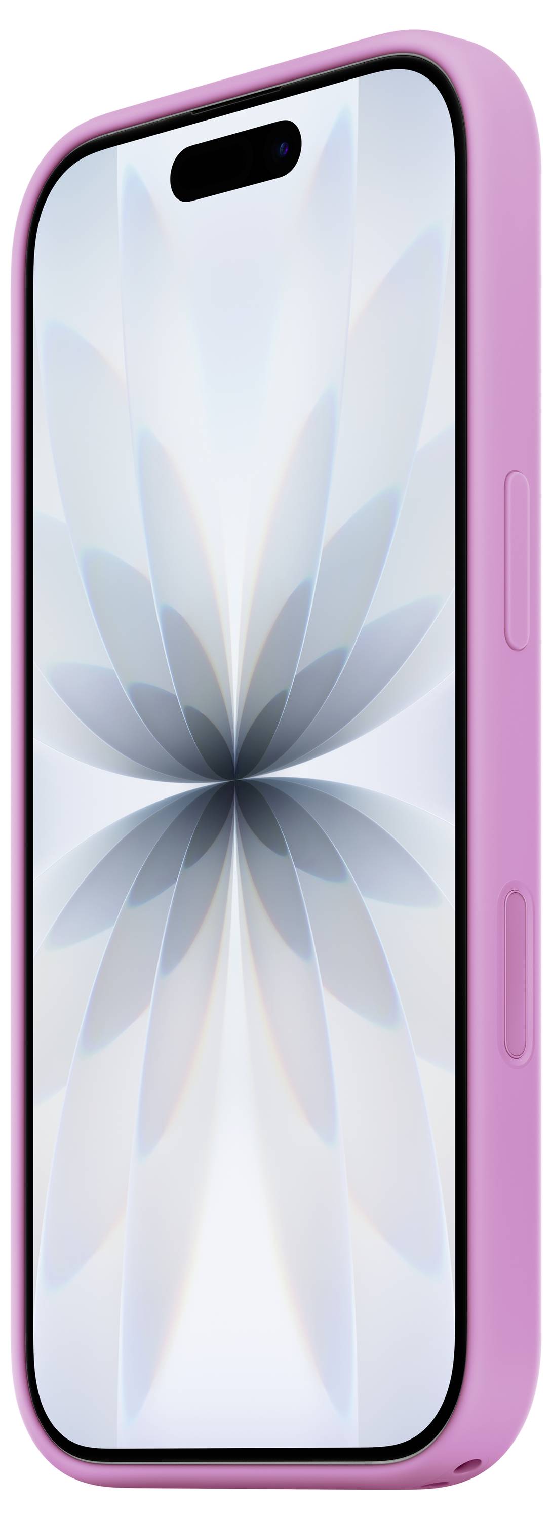 Ein Smartphone mit einer rosa Schutzhülle, auf dessen Bildschirm ein geometrisches, symmetrisches Muster angezeigt wird.
