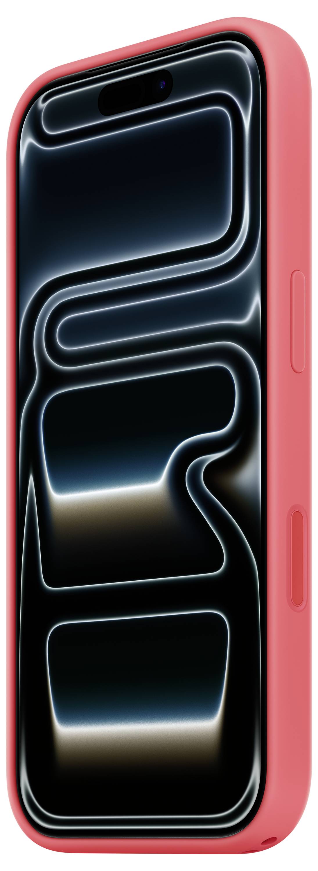 Ein Smartphone mit einer leuchtenden abstrakten Tapete, umhüllt von einer leuchtend orangefarbenen Schutzhülle.