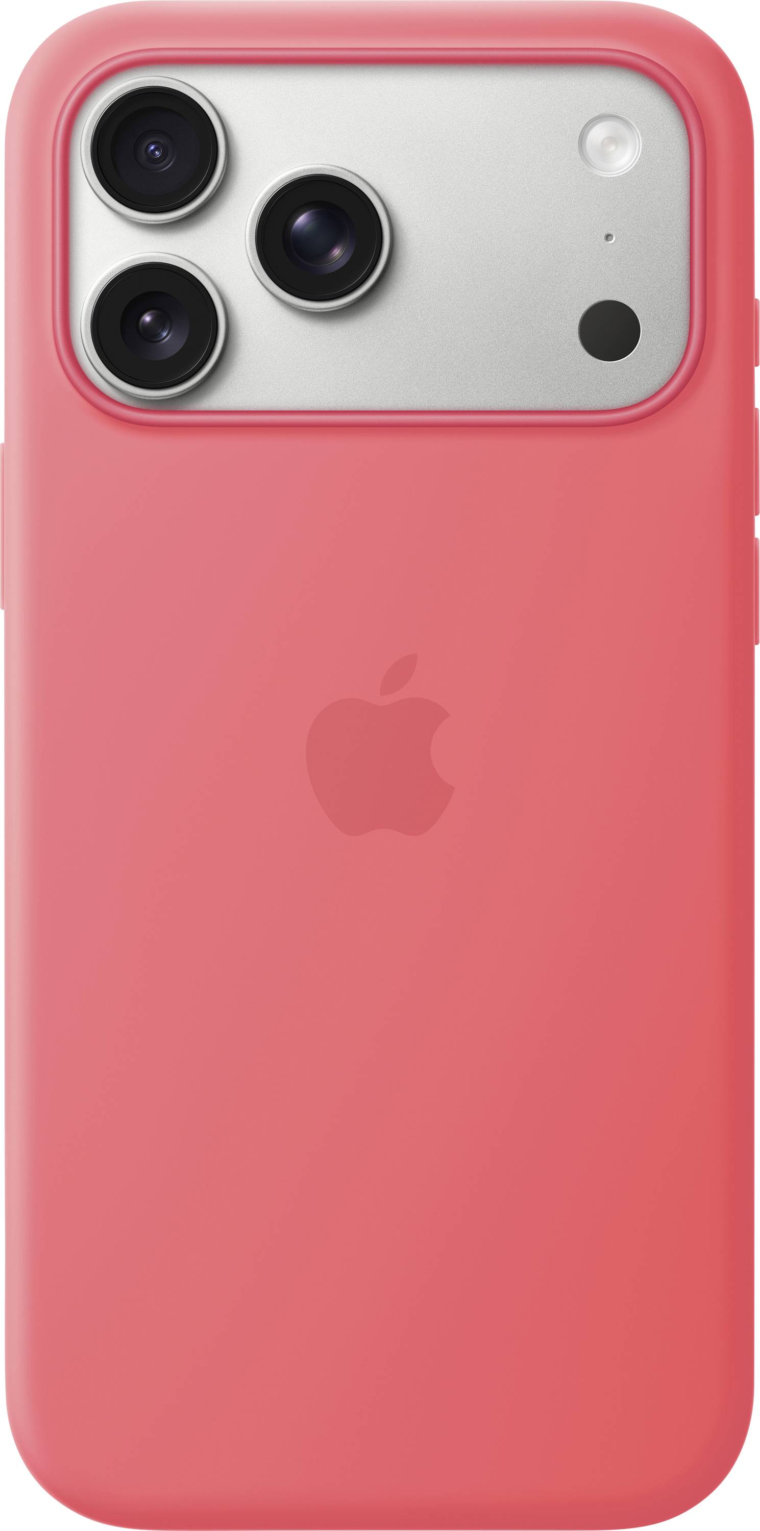 Ein rosa Smartphone-Case mit drei Kameraobjektiven und einem Apple-Logo. Das Case ist für ein modernes Telefonmodell konzipiert.