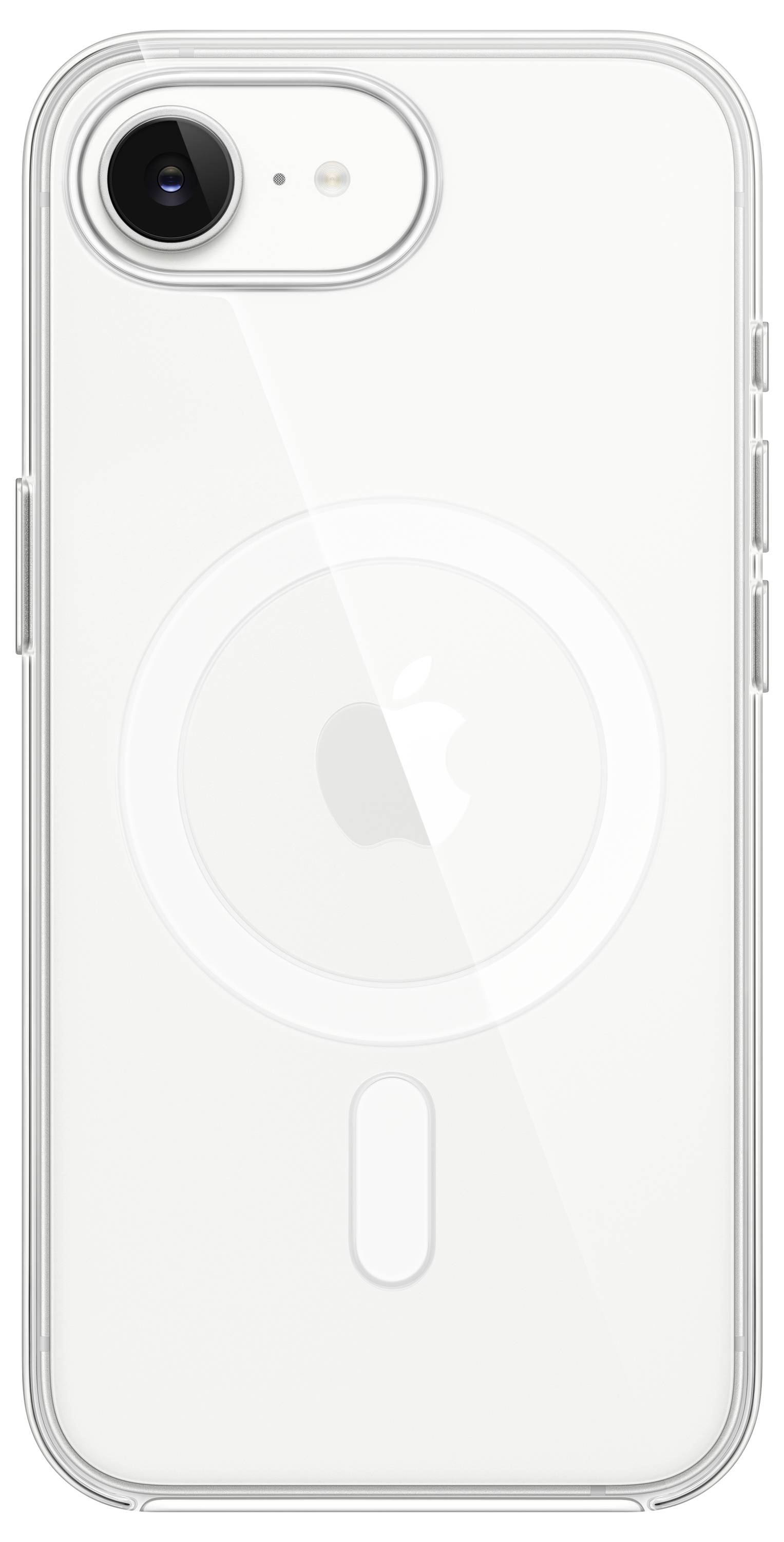 Transparente Smartphone-Schutzhülle mit sichtbarem Magnetring und Apple-Logo auf der Rückseite, entwickelt für verbesserten Geräteschutz und MagSafe-Kompatibilität.