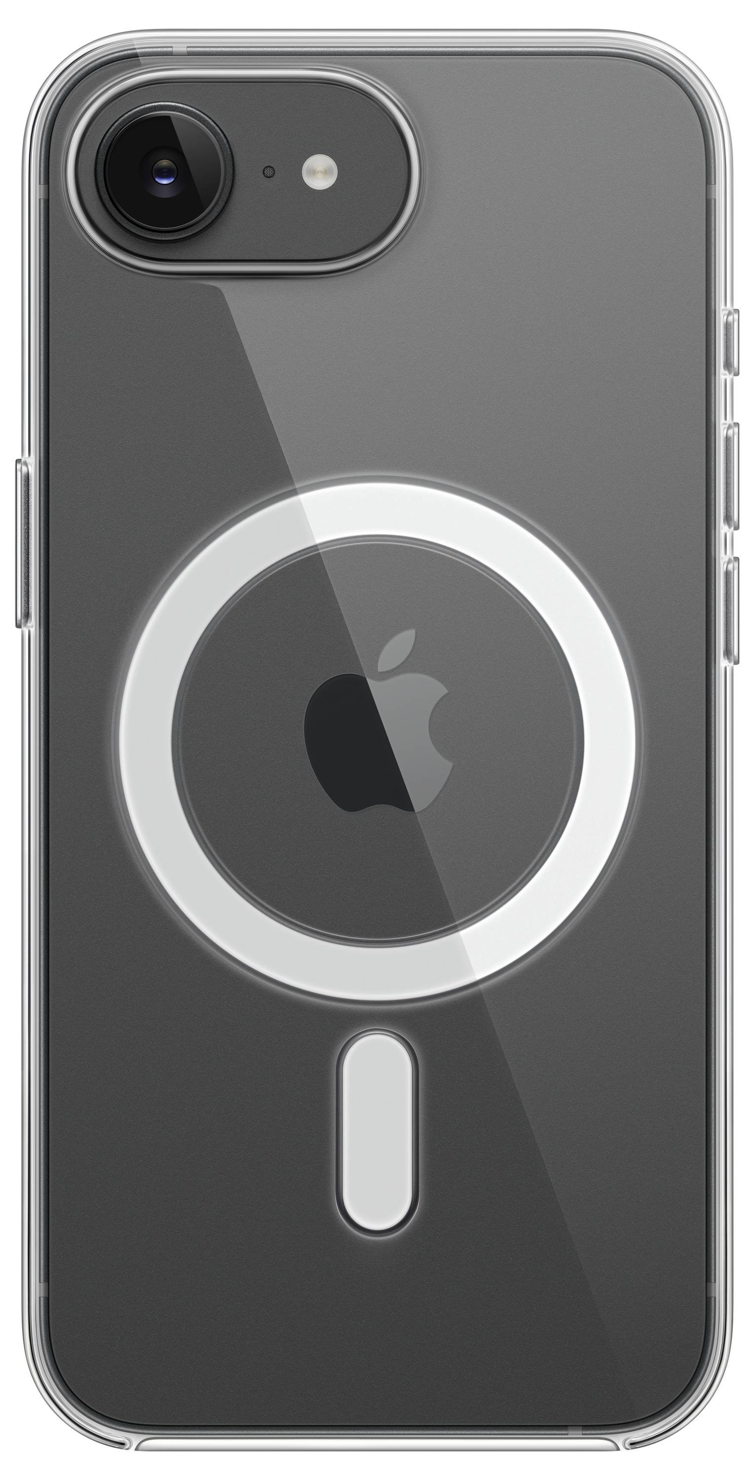 Durchsichtige Handyhülle mit einem kreisförmigen MagSafe-Muster auf der Rückseite und einem sichtbaren Apple-Logo in der Mitte.