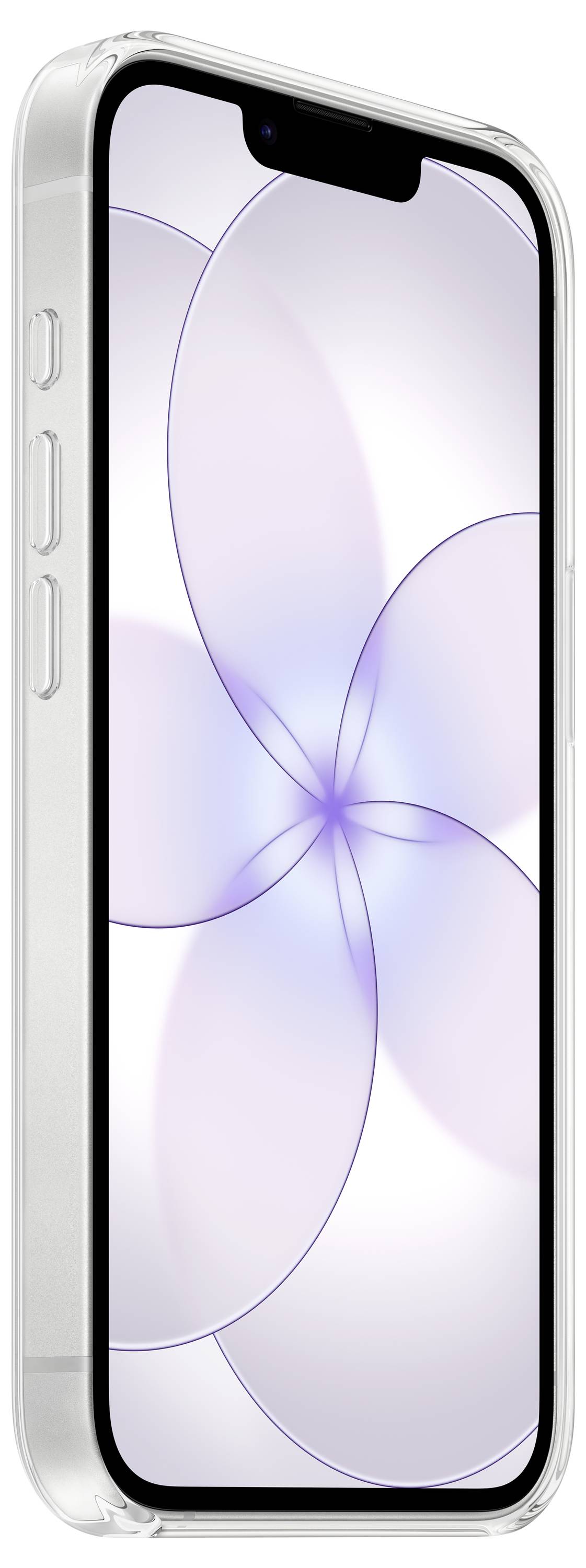 Ein Smartphone zeigt ein weiches lila- und weißes abstraktes Design auf seinem Bildschirm, mit einer schlanken Seitenansicht, die die Lautstärkeregler zeigt.