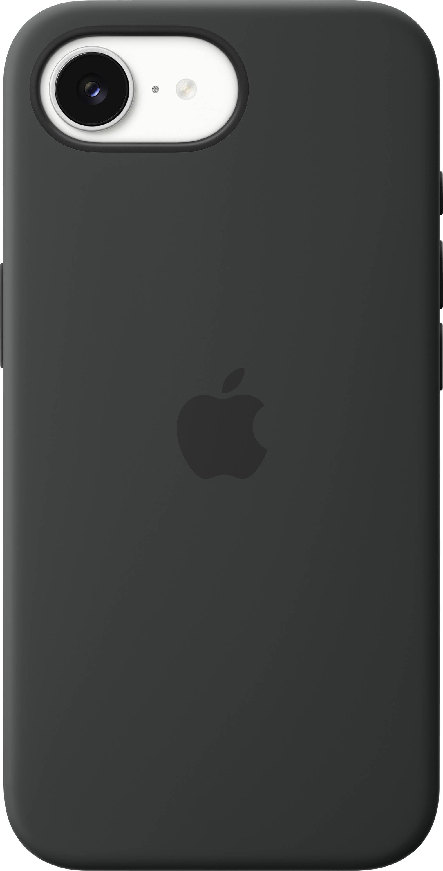 Ein schwarzes Smartphone mit einer einzelnen rückseitigen Kamera und einem Apple-Logo auf der Rückseite, mit minimalistische Gestaltung.