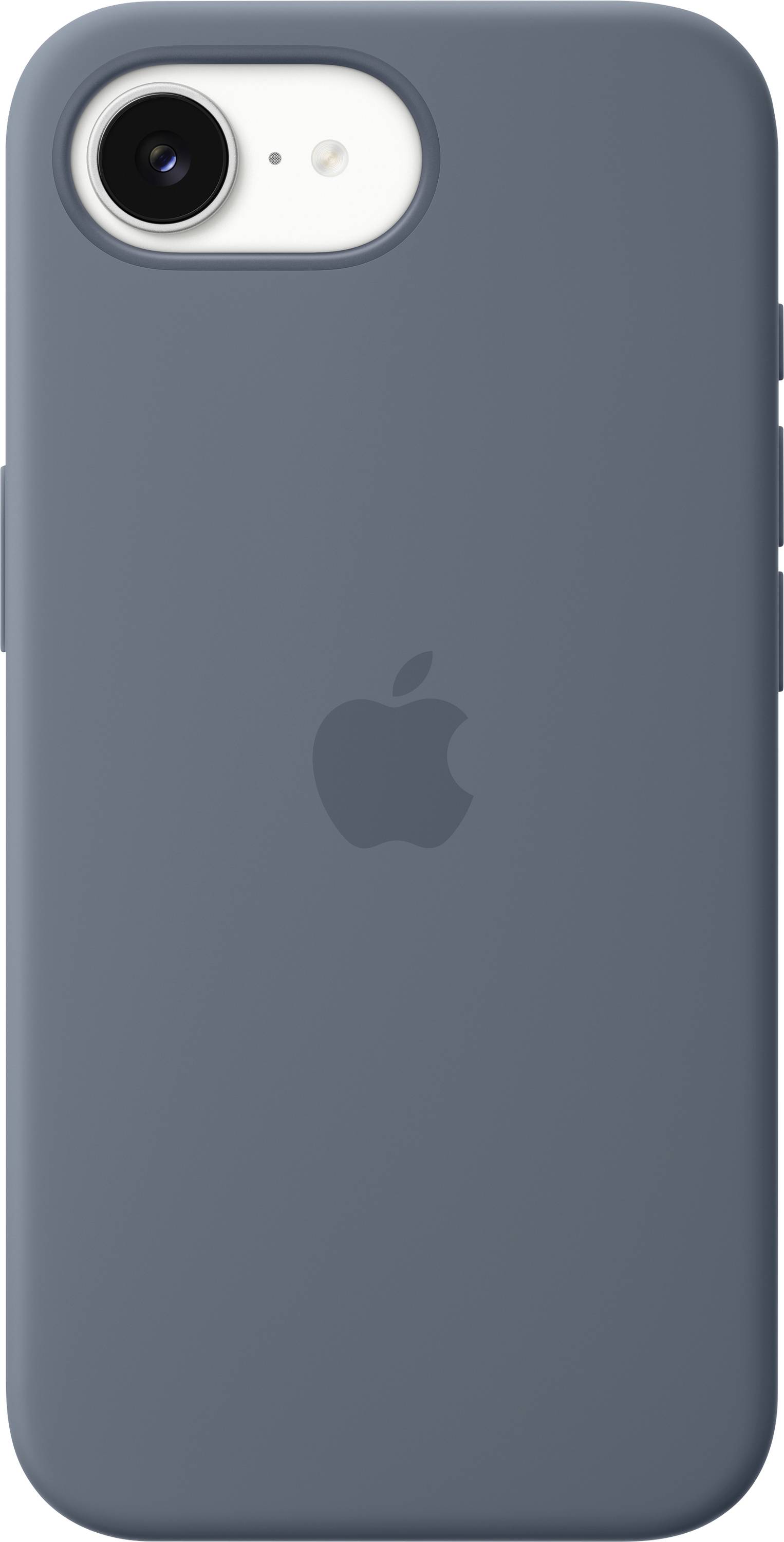 Ein graues Smartphone mit einer Kamerlinse in der oberen linken Ecke und einem Apple-Logo in der Mitte, von hinten betrachtet.