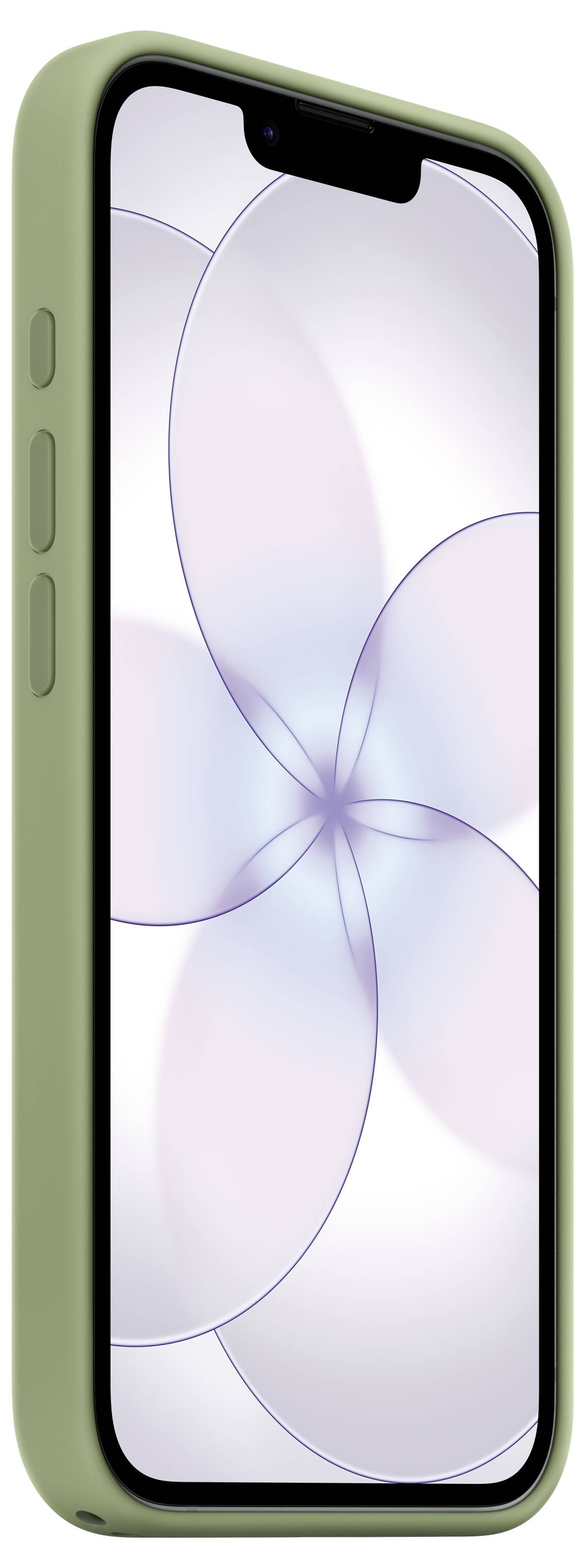 Ein Smartphone mit grüner Hülle, das auf dem Bildschirm ein weißes und violettes abstraktes Design anzeigt, aus einer angewinkelten Seitenperspektive betrachtet.