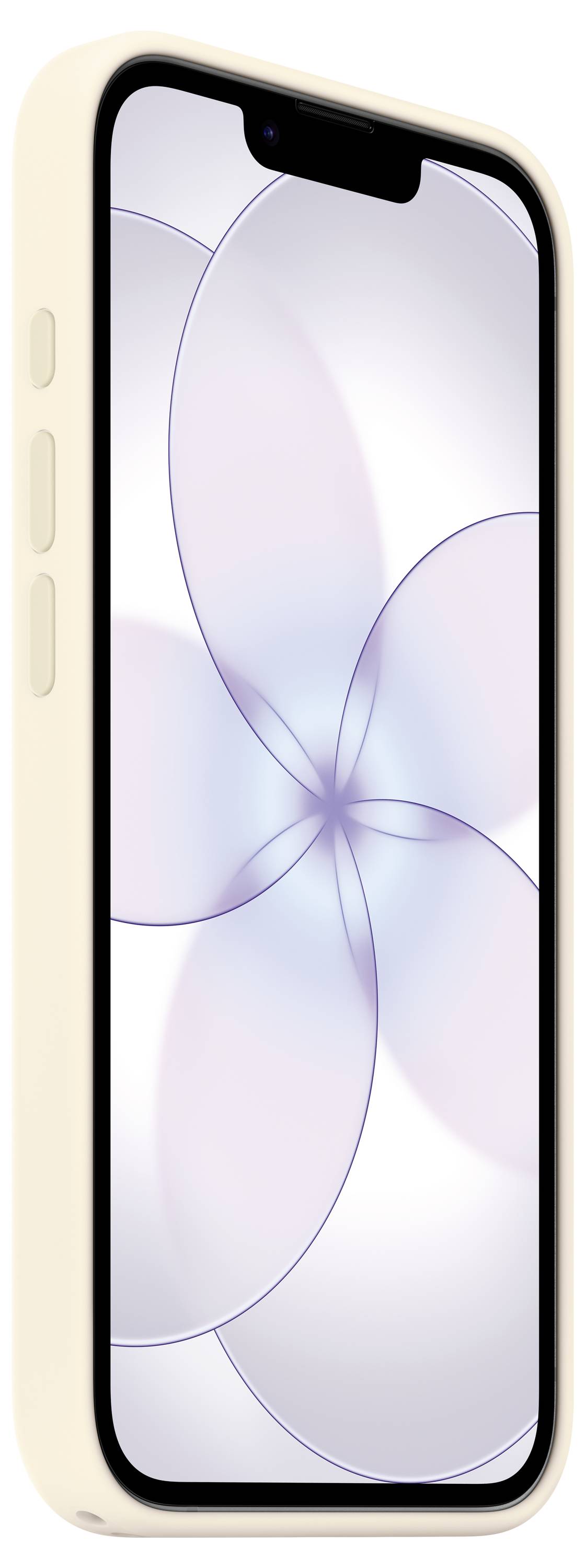 Ein Smartphone mit einem beigefarbenen Gehäuse zeigt auf seinem Bildschirm ein florales abstraktes Design an.