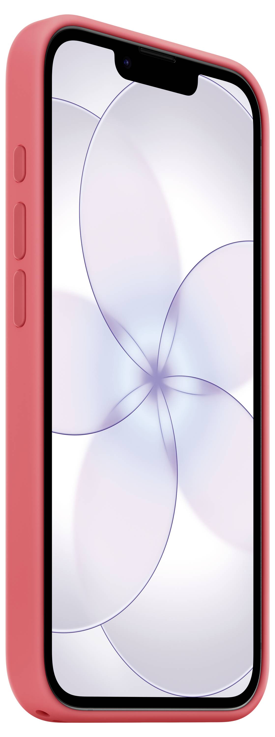 Ein Smartphone mit rotem Gehäuse, Bildschirm zeigt abstraktes hell-violettes geometrisches Design mit überlappenden Kreisen.