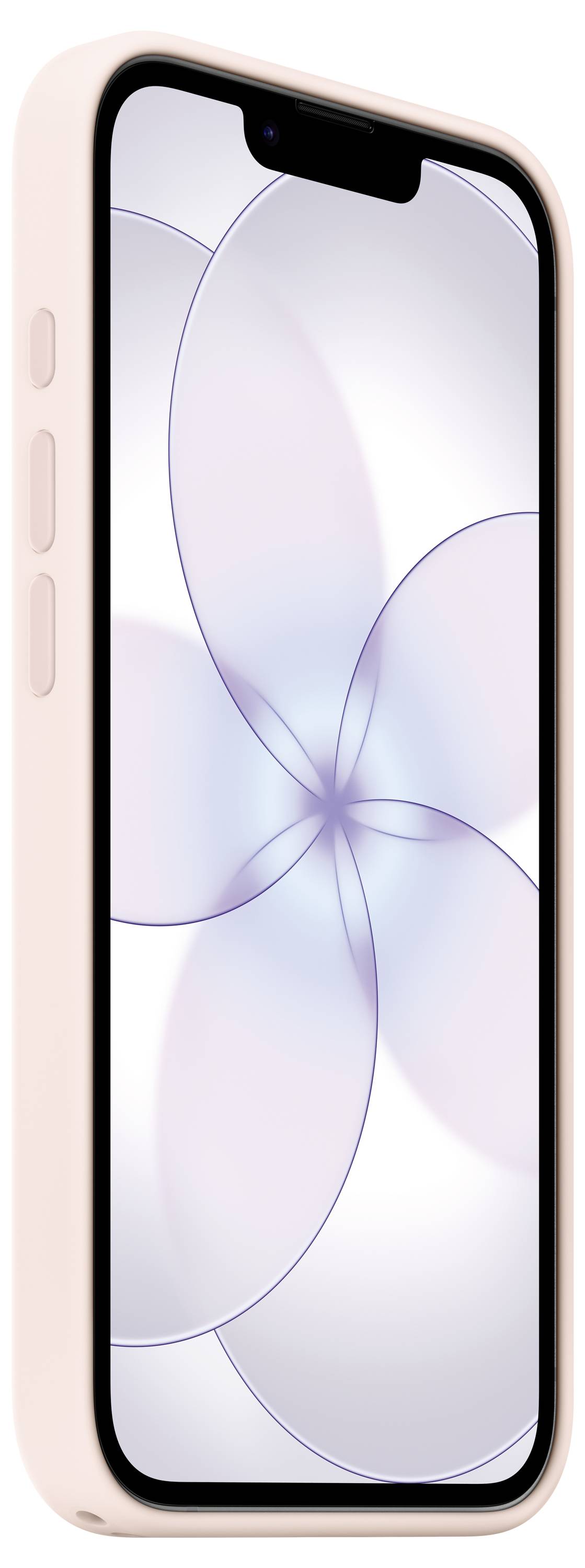 Ein Smartphone mit rosafarbenem Gehäuse, auf dem Bildschirm ein zartes abstraktes Muster mit sanft verschmolzenen Kreisformen angezeigt wird.