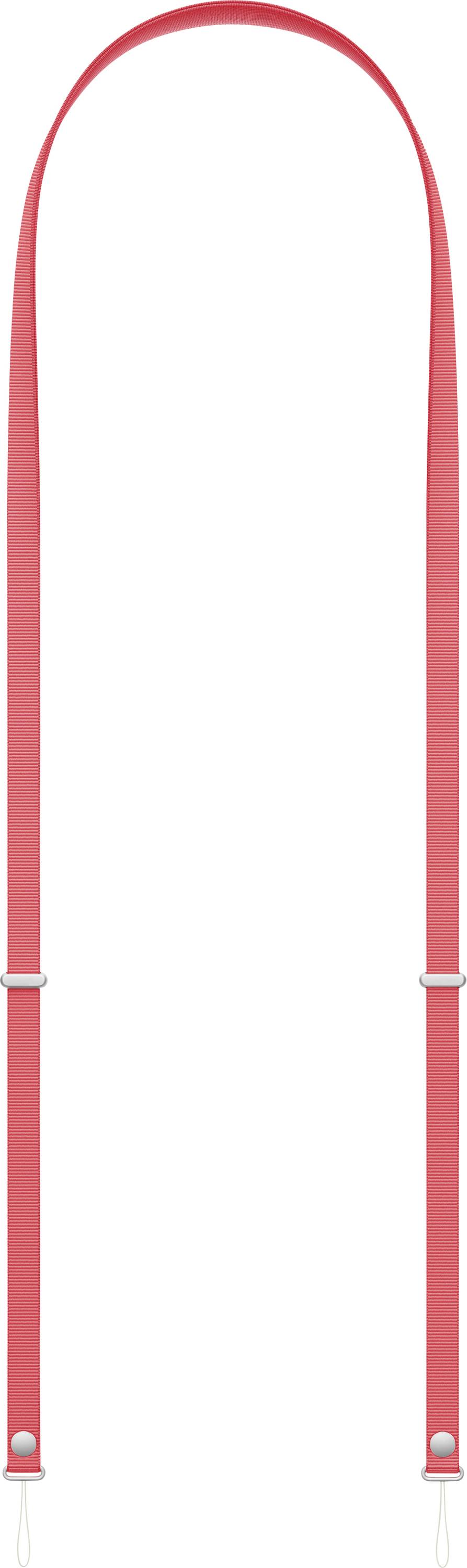 Ein rosa Gurt mit zwei silbernen Schnallen, die oben einen Bogen bilden und einem Griff oder einer flexiblen Schleife ähneln.