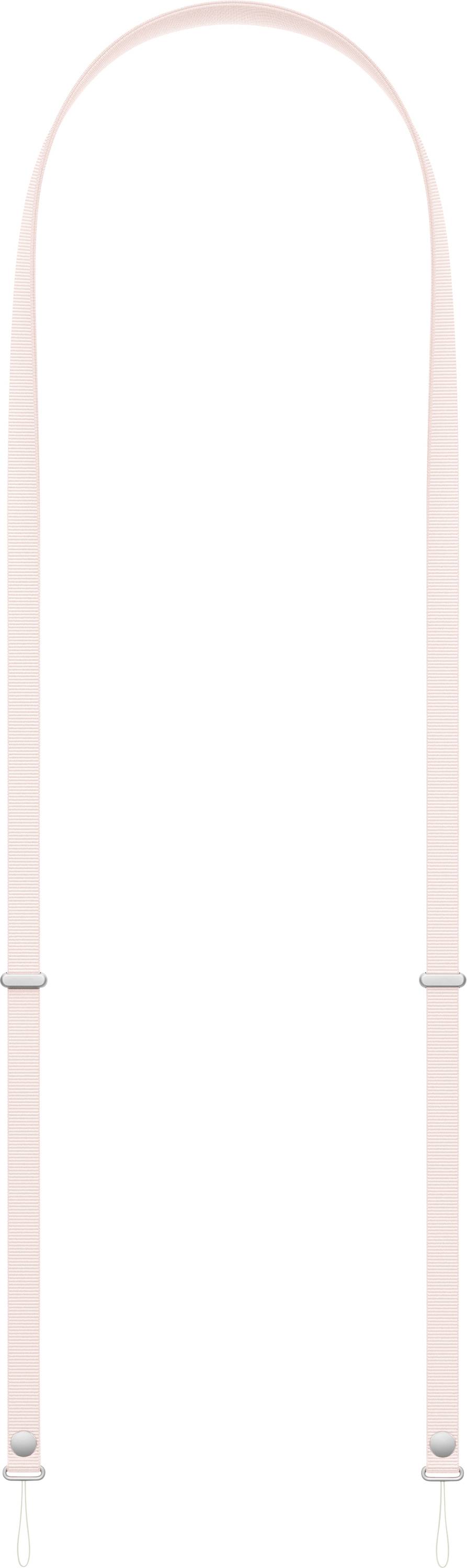 Rosa Handtaschengurt mit silbernen Verschlüssen und verstellbaren Längen vertikal vor weißem Hintergrund hängend.