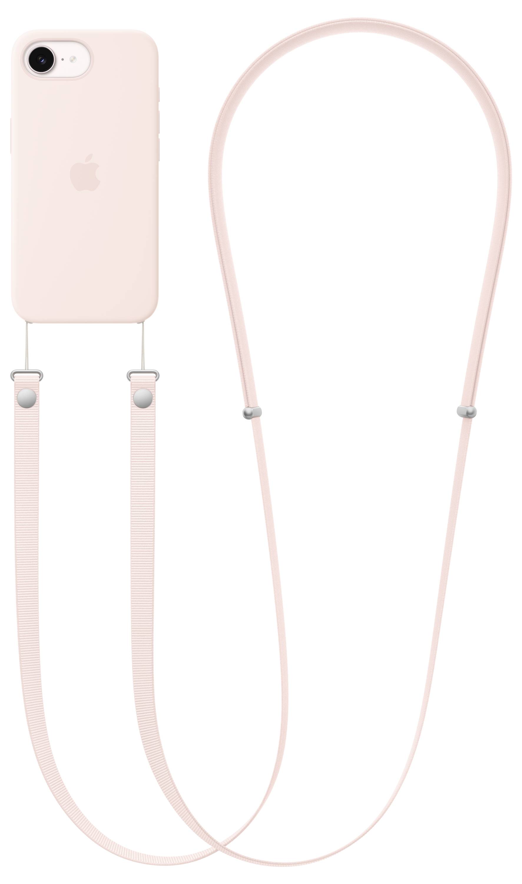 Ein rosa Handyhülle mit passendem verstellbarem Umhängeband zum Tragen des Telefons um den Hals oder über der Schulter.