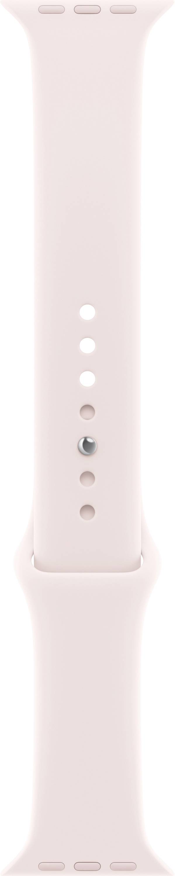 Ein hellrosa Uhrenarmband mit mehreren Löchern zur Größenverstellung, entworfen für eine Smartwatch.