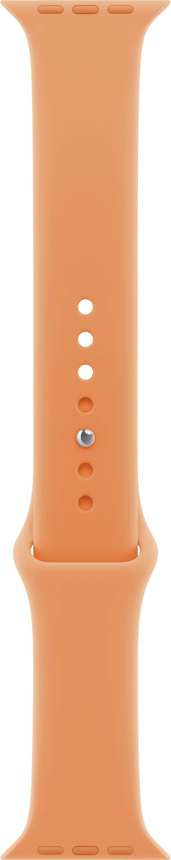 Ein orangefarbenes Uhrenarmband mit mehreren verstellbaren Löchern und einem silbernen Stift.