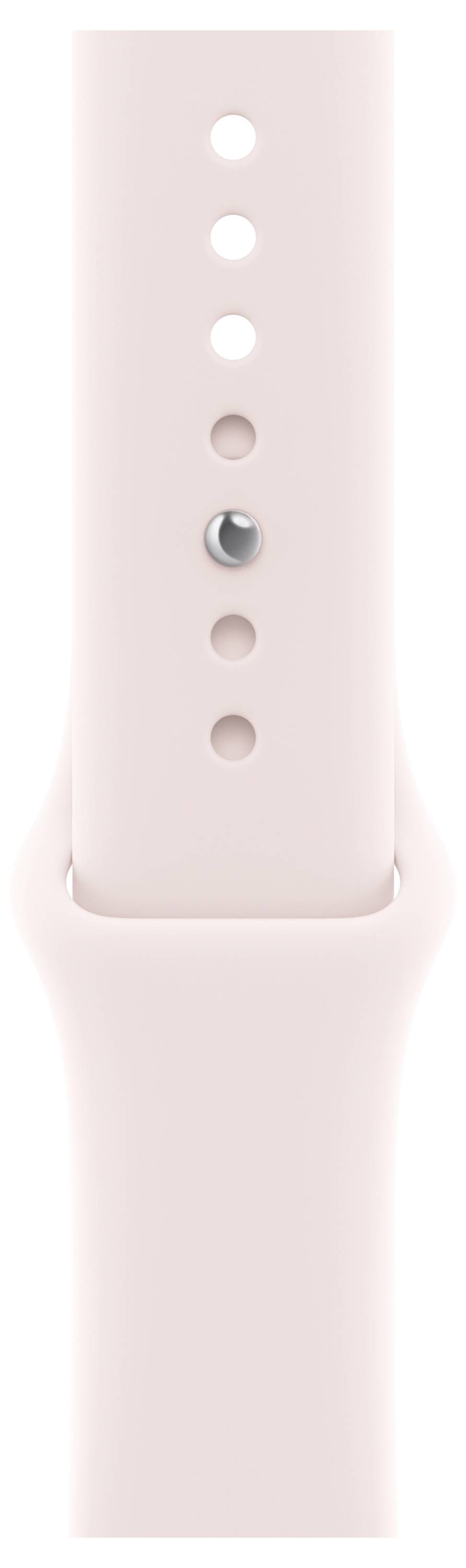 Eine Nahaufnahme eines rosa Smartwatch-Armbands mit mehreren Löchern zur Größenverstellung und einer Metallnadel zum Befestigen.