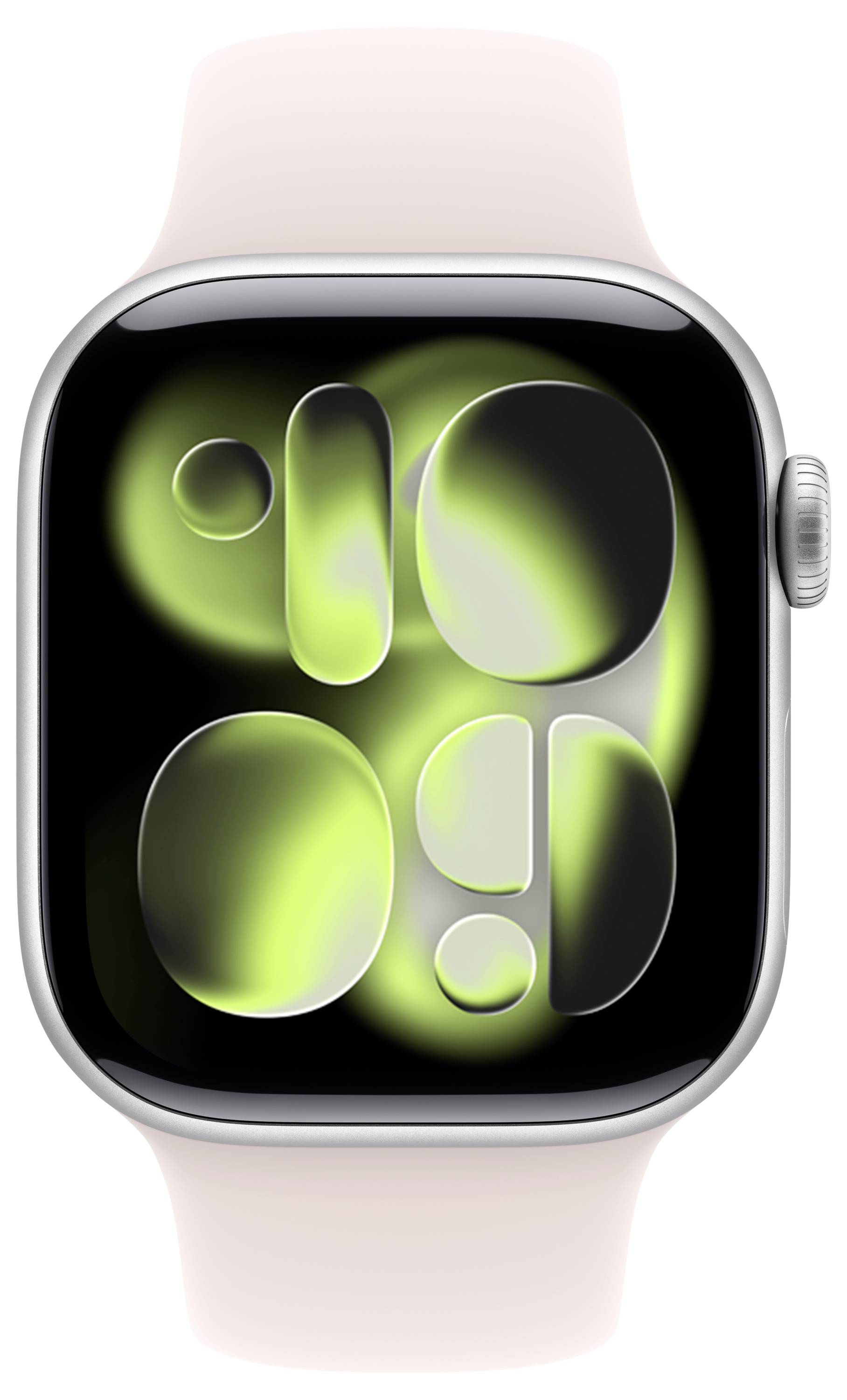 Eine Nahaufnahme eines Smartwatch-Displays, die ein abstraktes, neongrünes Design auf schwarzem Hintergrund zeigt. Das Uhrengehäuse ist silberfarben und das Armband ist hellrosa.