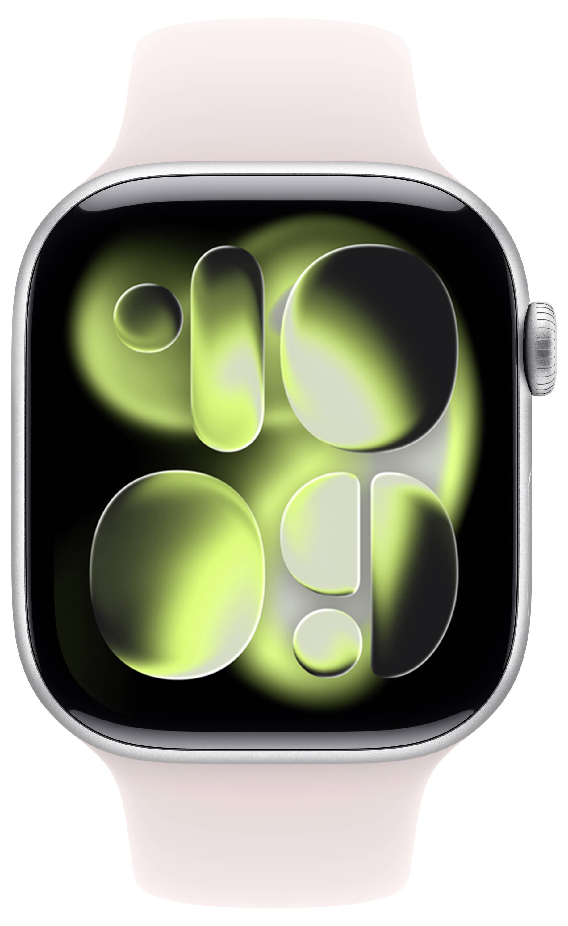 Ein digitales Zifferblatt mit abstrakten grünen Kreisformen auf schwarzem Hintergrund, angezeigt auf einer rechteckigen Smartwatch mit rosa Armband.