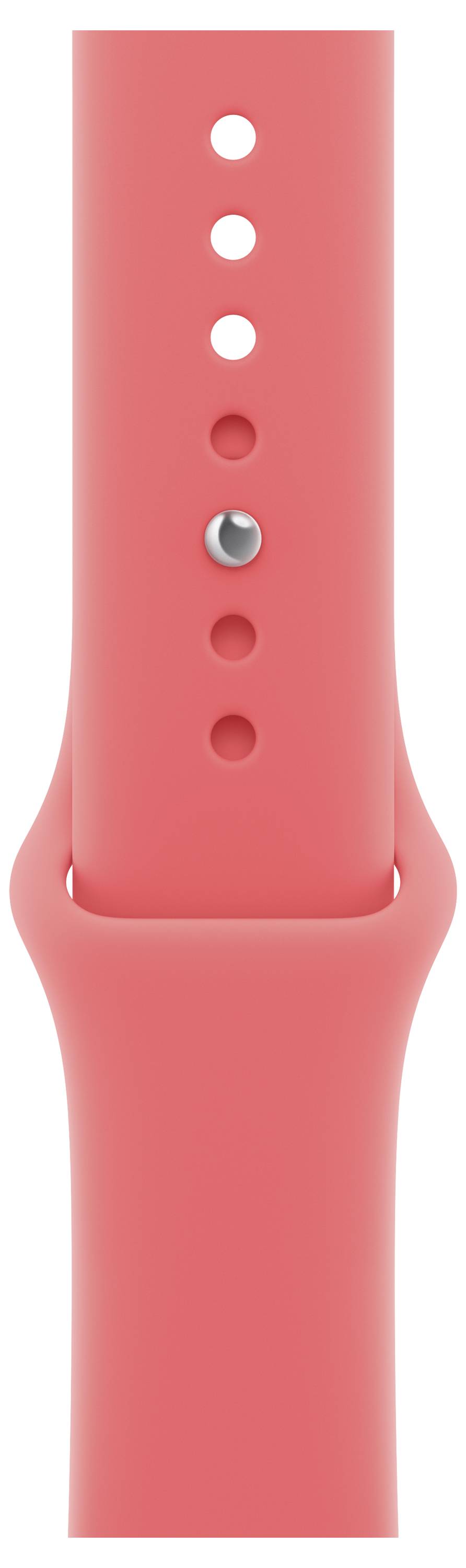 Eine Nahaufnahme eines roten Smartwatch-Armbands mit einer verstellbaren Schnallenverschluss und mehreren Löchern zum Anpassen der Größe.